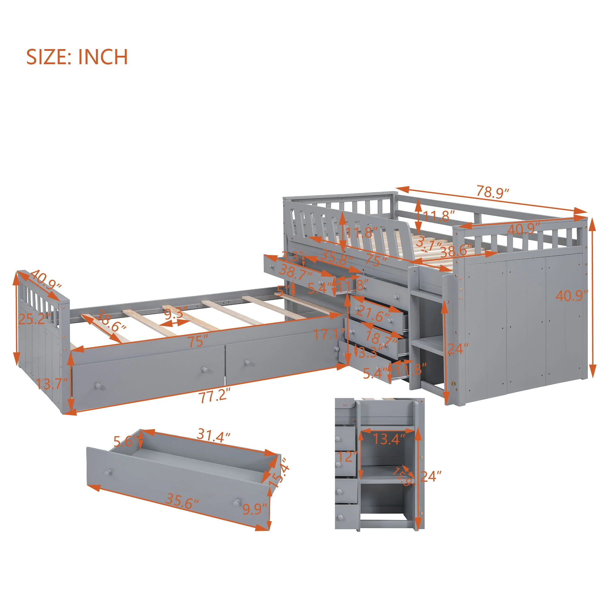 Loft Platform Bed With 7 Drawers And Full Guardrails, Modern L Shaped Space Savin - Image 13