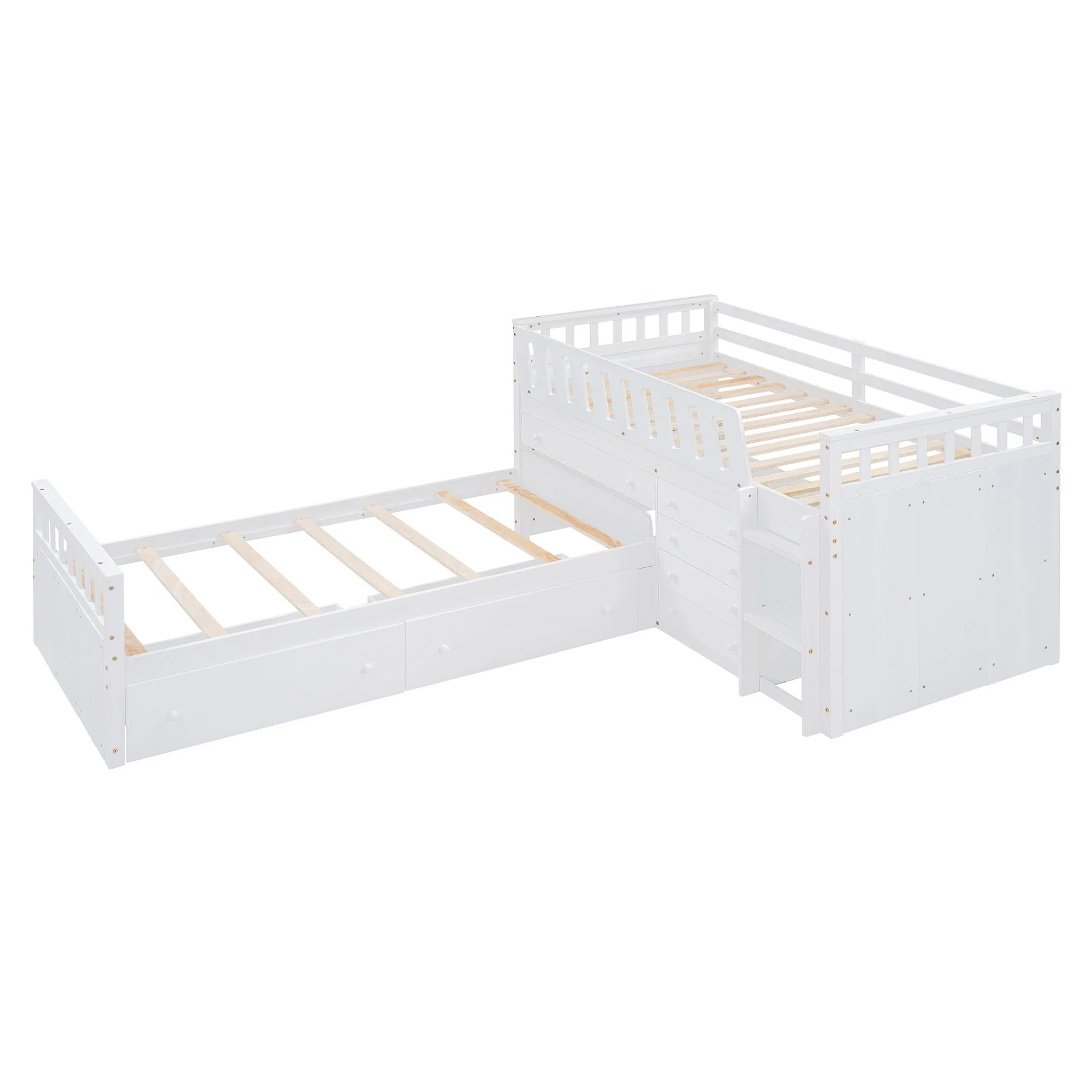 Loft Platform Bed With 7 Drawers And Full Guardrails, Modern L Shaped Space Savin - Image 2