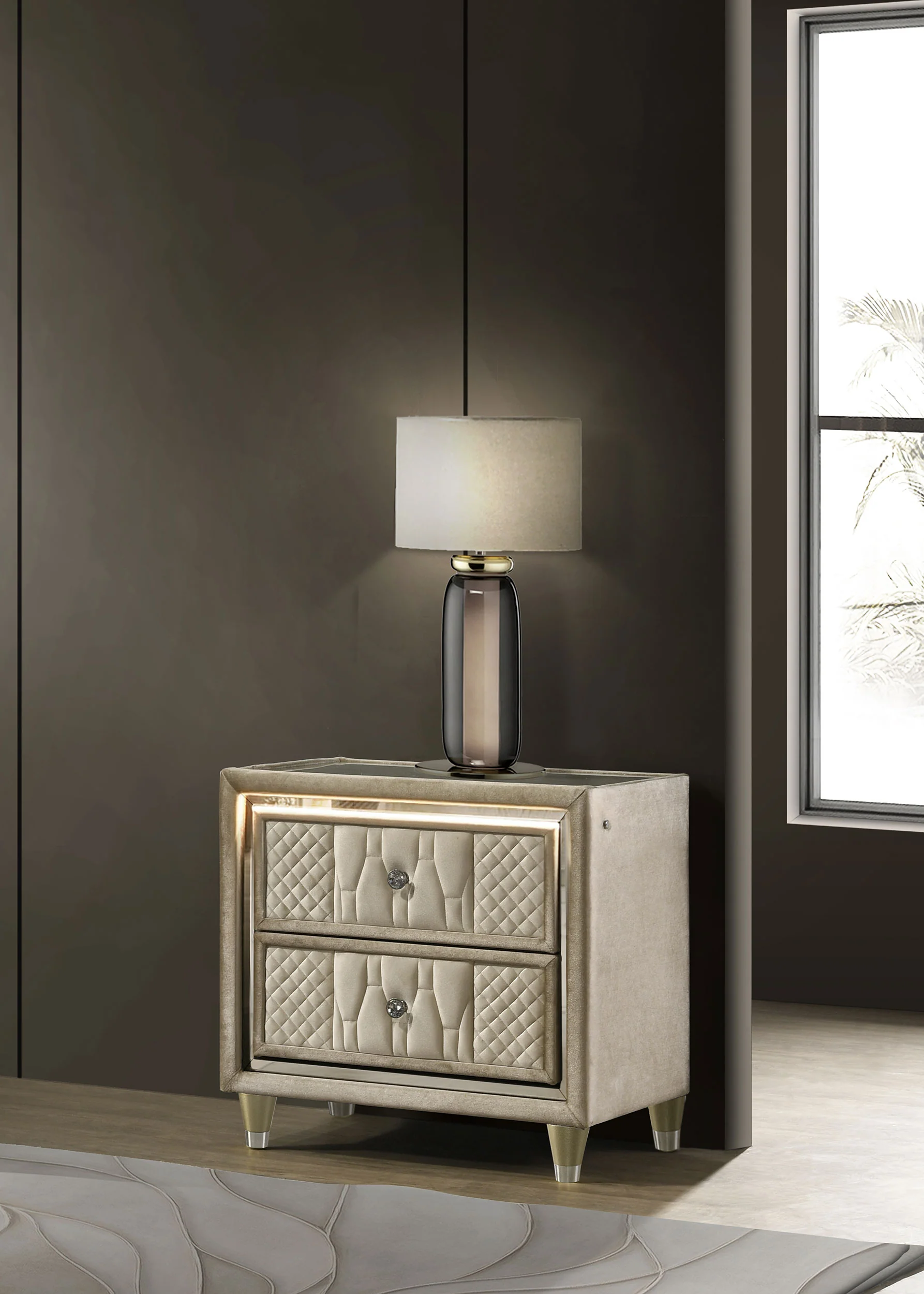 Lorient 2-Drawer LED Nightstand with USB, Ivory and Camel - Image 2