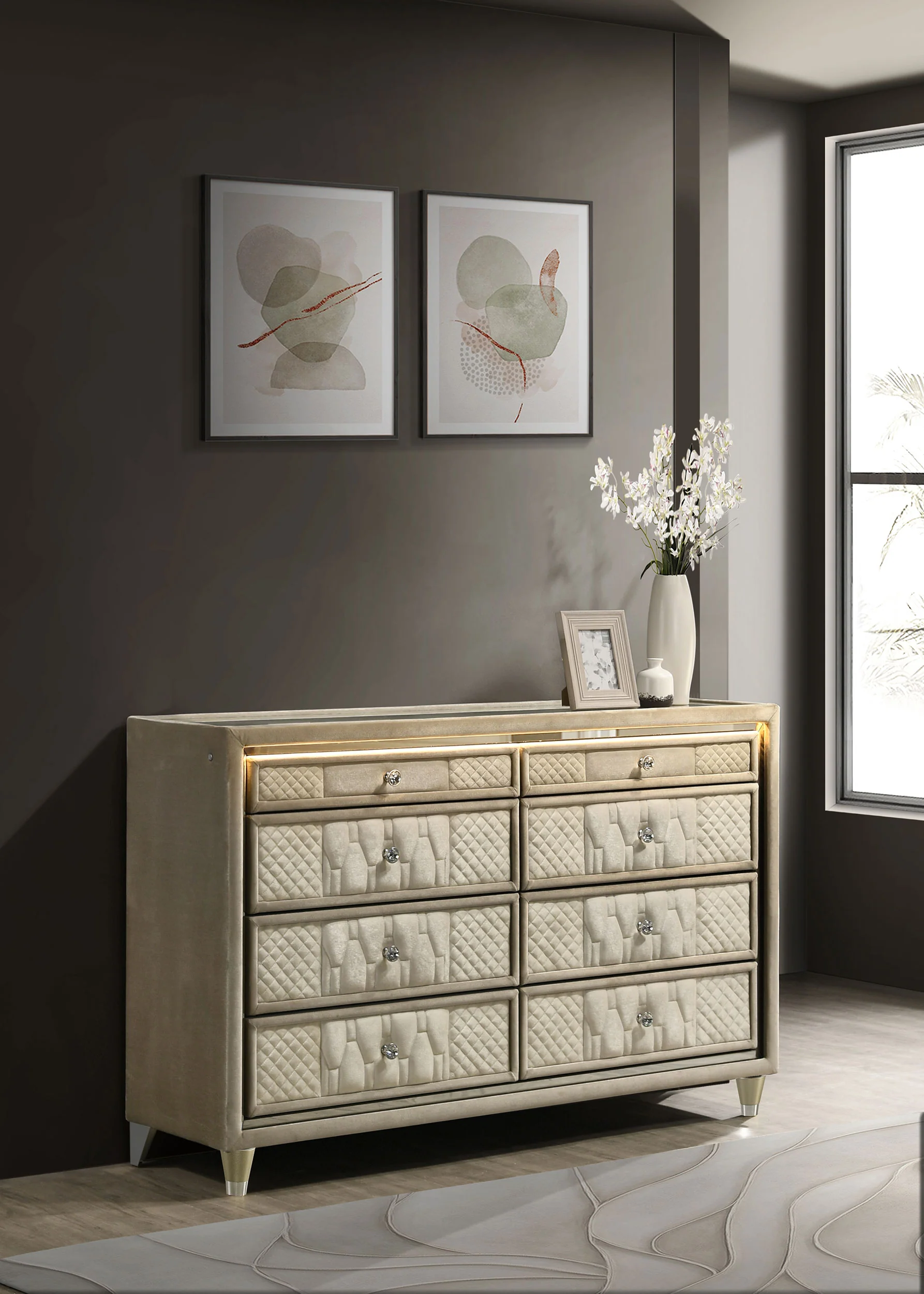 Lorient 8-Drawer LED Dresser, Ivory and Camel Velvet - Image 3