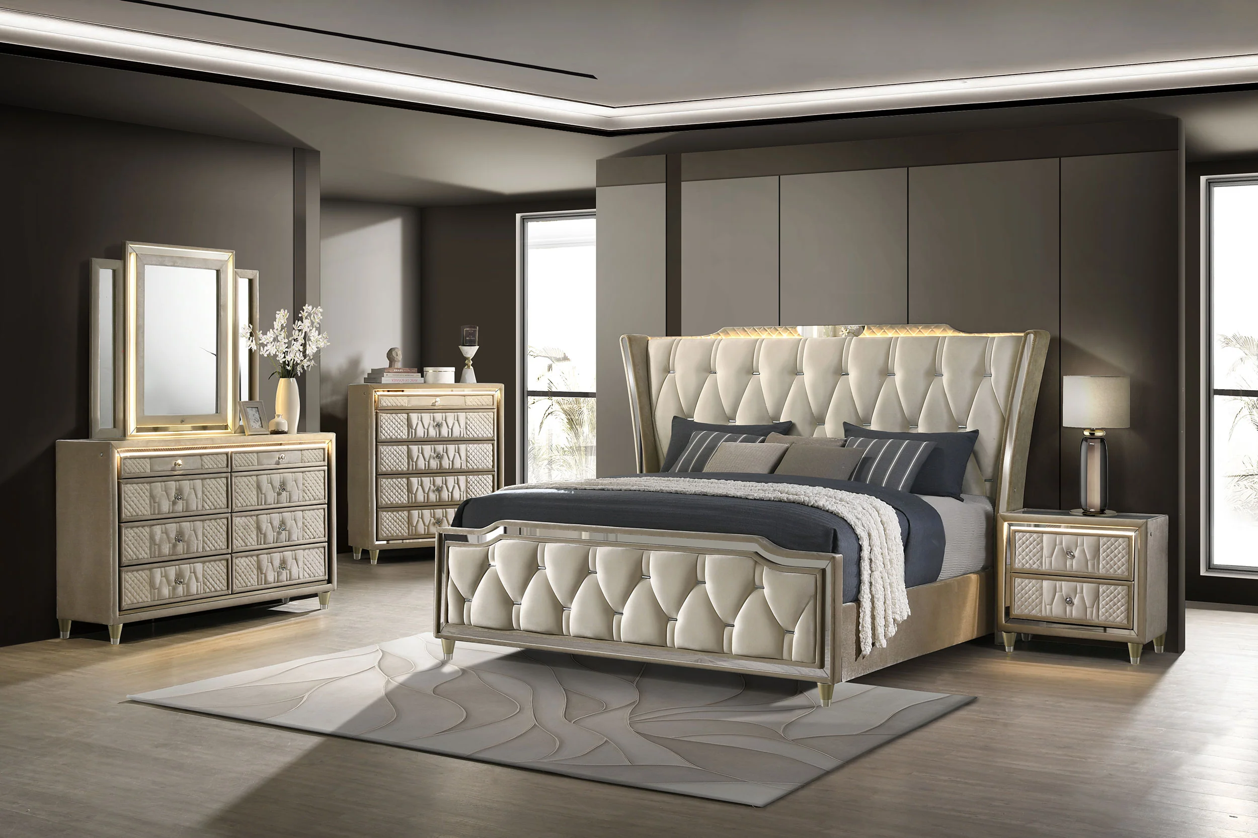 Lorient Eastern King LED Upholstered Bed Ivory Camel - Image 12