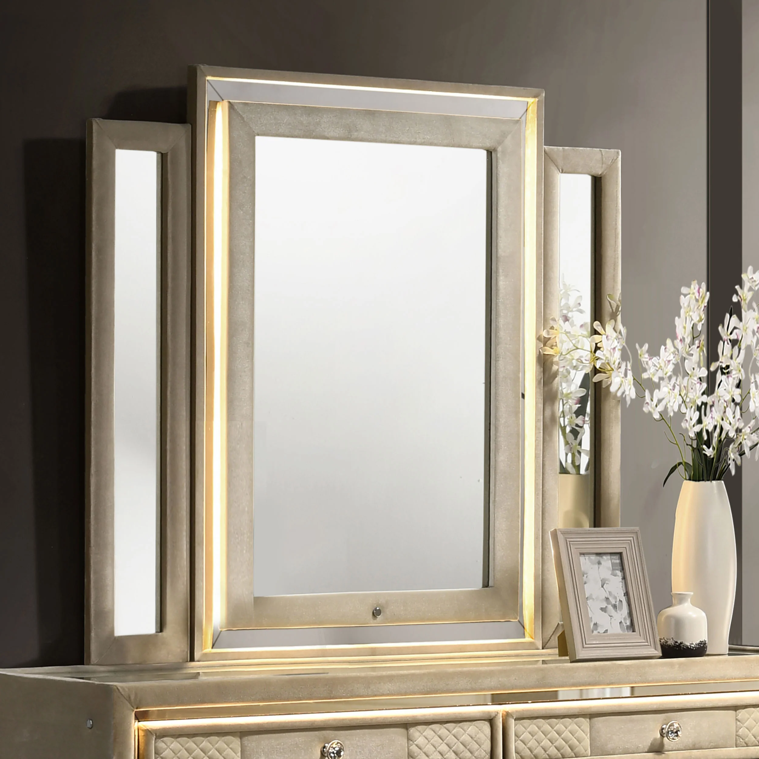 Lorient LED Dresser Mirror in Ivory and Camel - Image 3
