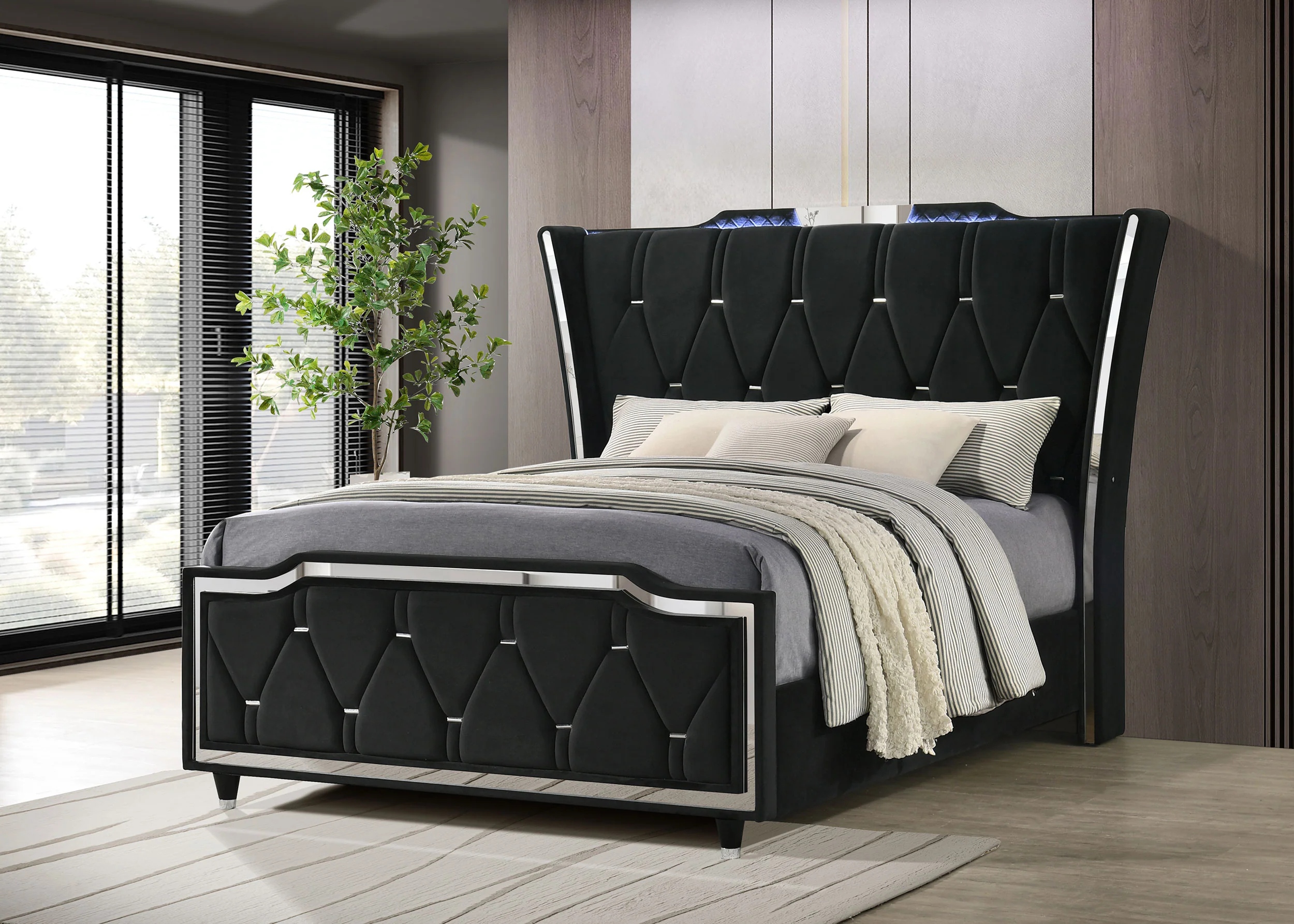 Lorient Queen LED Upholstered Wingback Bed in Black Velvet - Image 2