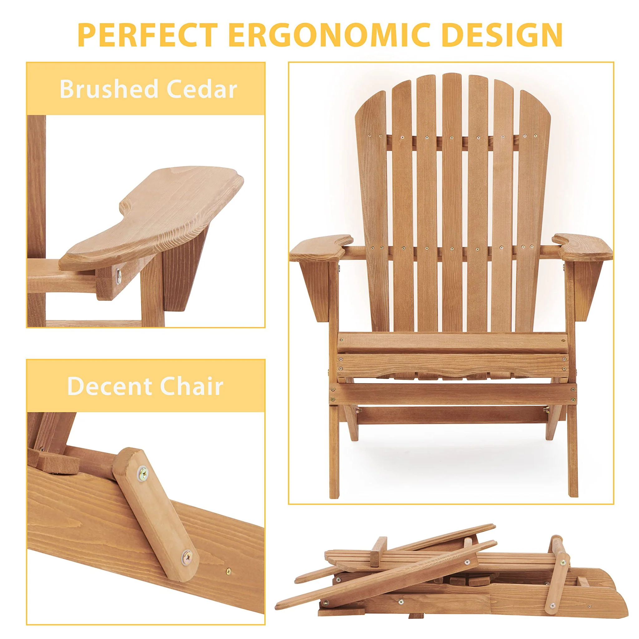 Lounge Patio Chair For Garden Outdoor Wooden Folding Adirondack Chair (Set of 2) Solid Cedar Wood Lounge Patio Chair For Garden - Image 32