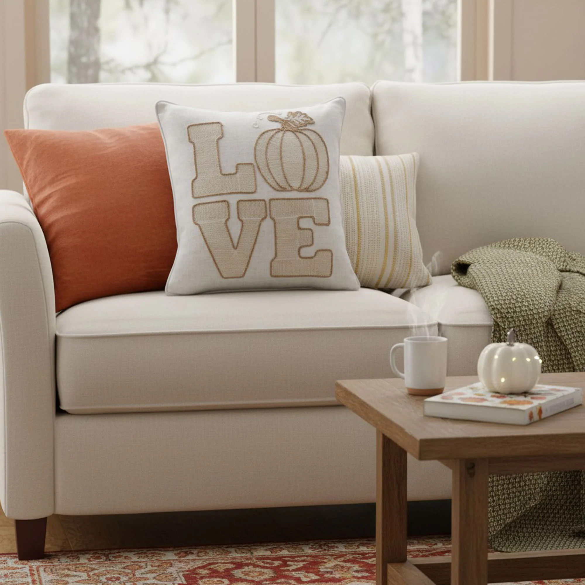 Love Pumpkin Embroidered Throw Pillow - Natural - Image 2