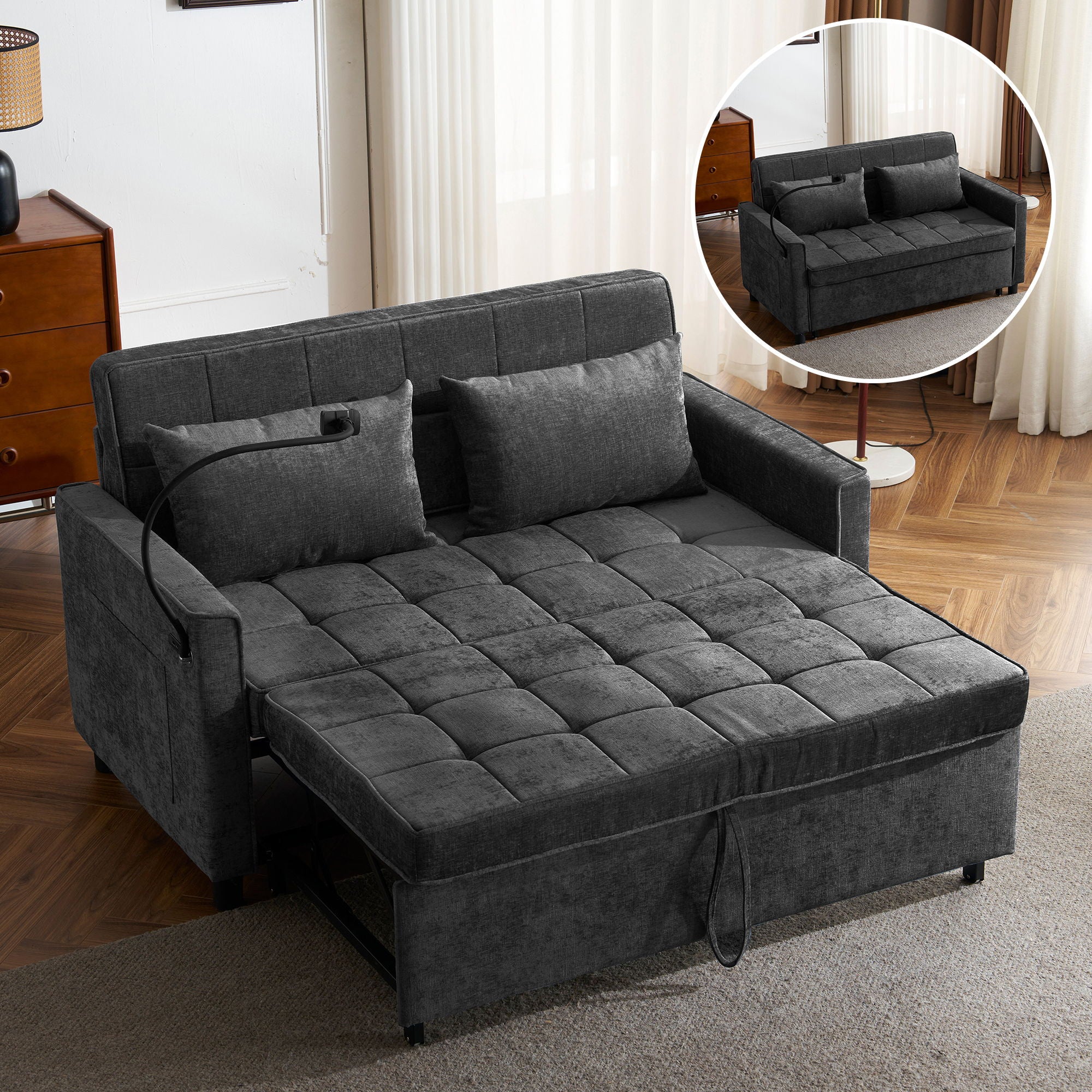 Loveseat Sofa Bed Sleeper With Reversible Backrest, Side Pockets, USB Ports, Phone Holder - Image 13