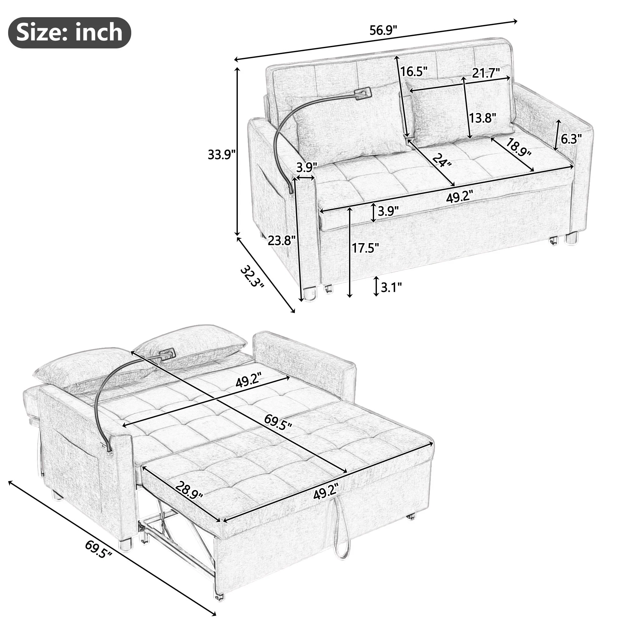 Loveseat Sofa Bed Sleeper With Reversible Backrest, Side Pockets, USB Ports, Phone Holder - Image 15