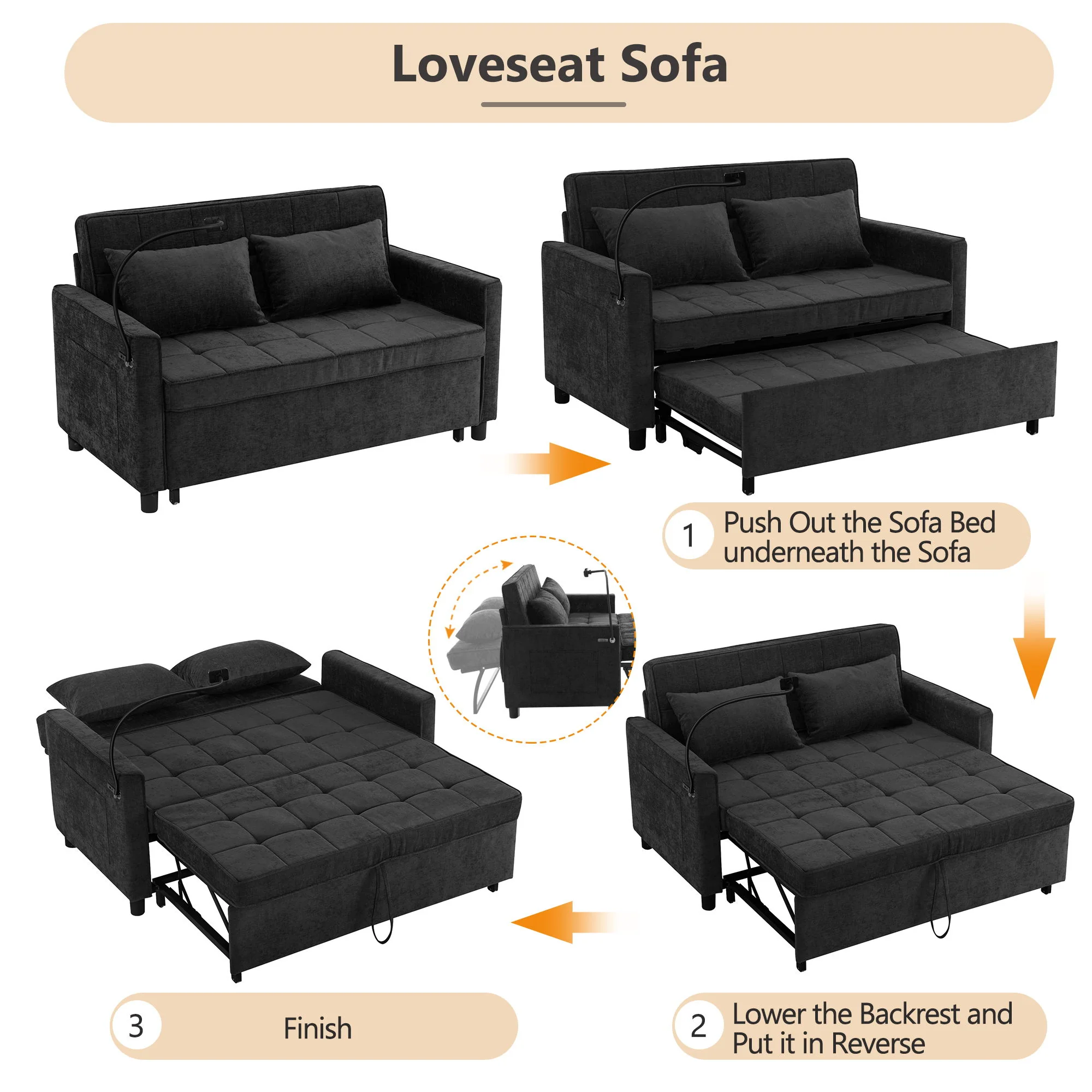 Loveseat Sofa Bed Sleeper With Reversible Backrest, Side Pockets, USB Ports, Phone Holder - Image 16