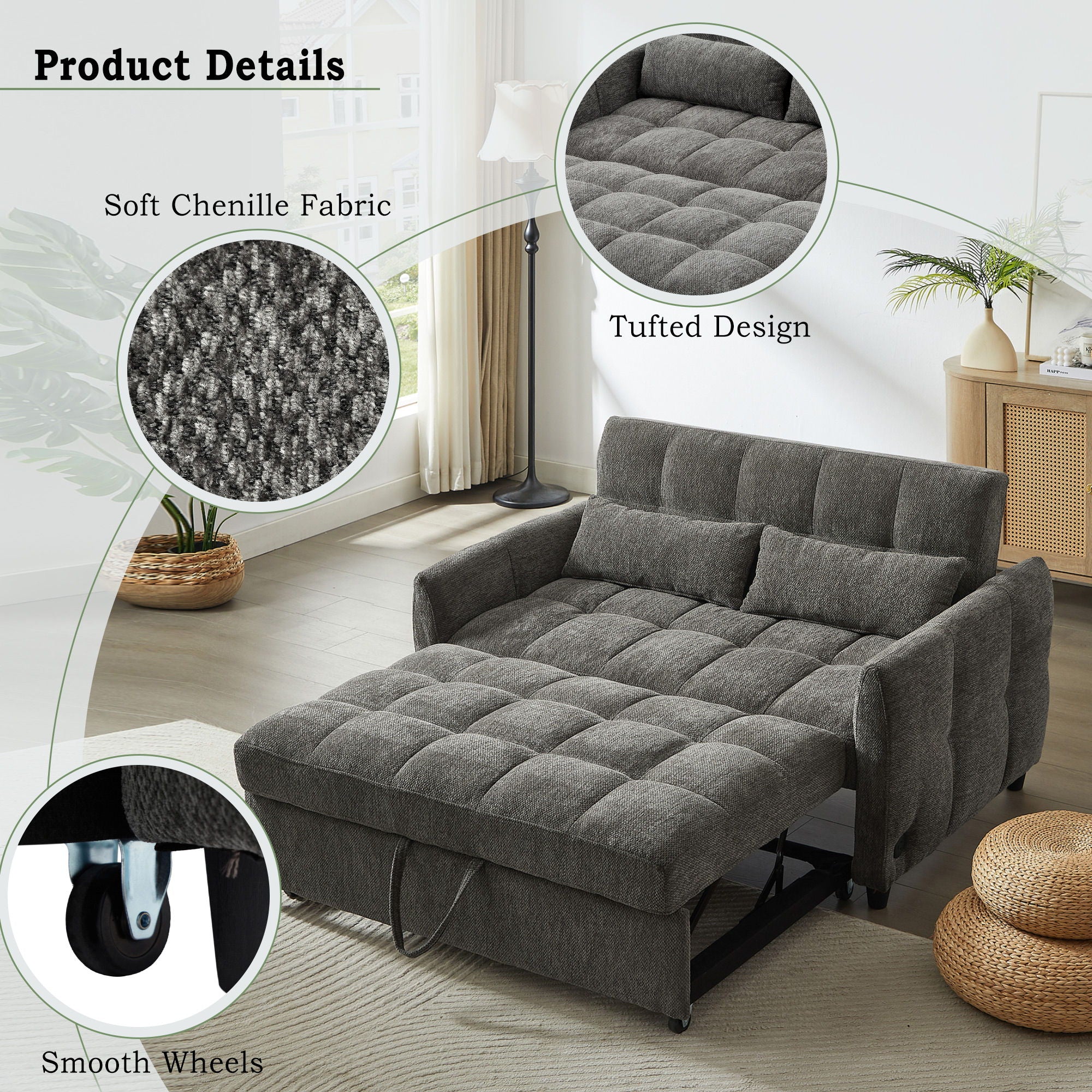 Loveseat Sofa Pull-Out Bed With Adjustable Backrest, 3 USB Ports And 2 Lumbar Pillows For Living Room - Image 17