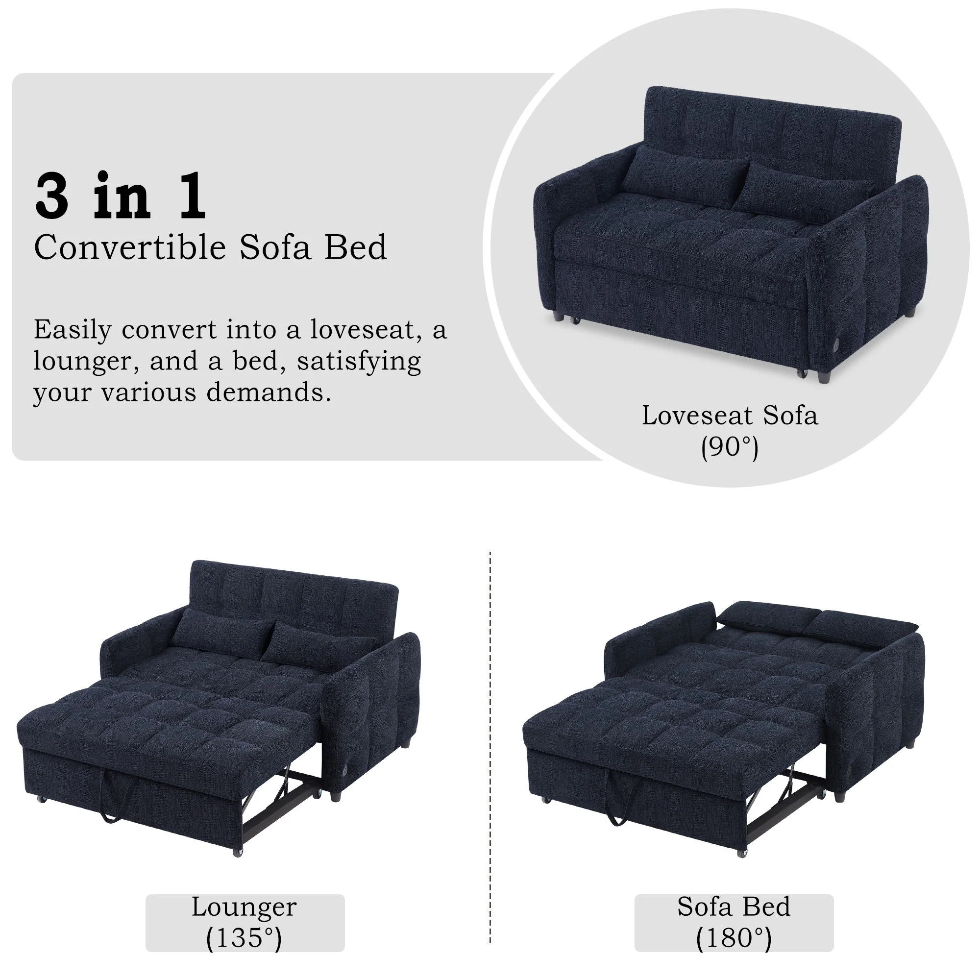 Loveseat Sofa Pull-Out Bed With Adjustable Backrest, 3 USB Ports And 2 Lumbar Pillows For Living Room - Image 29