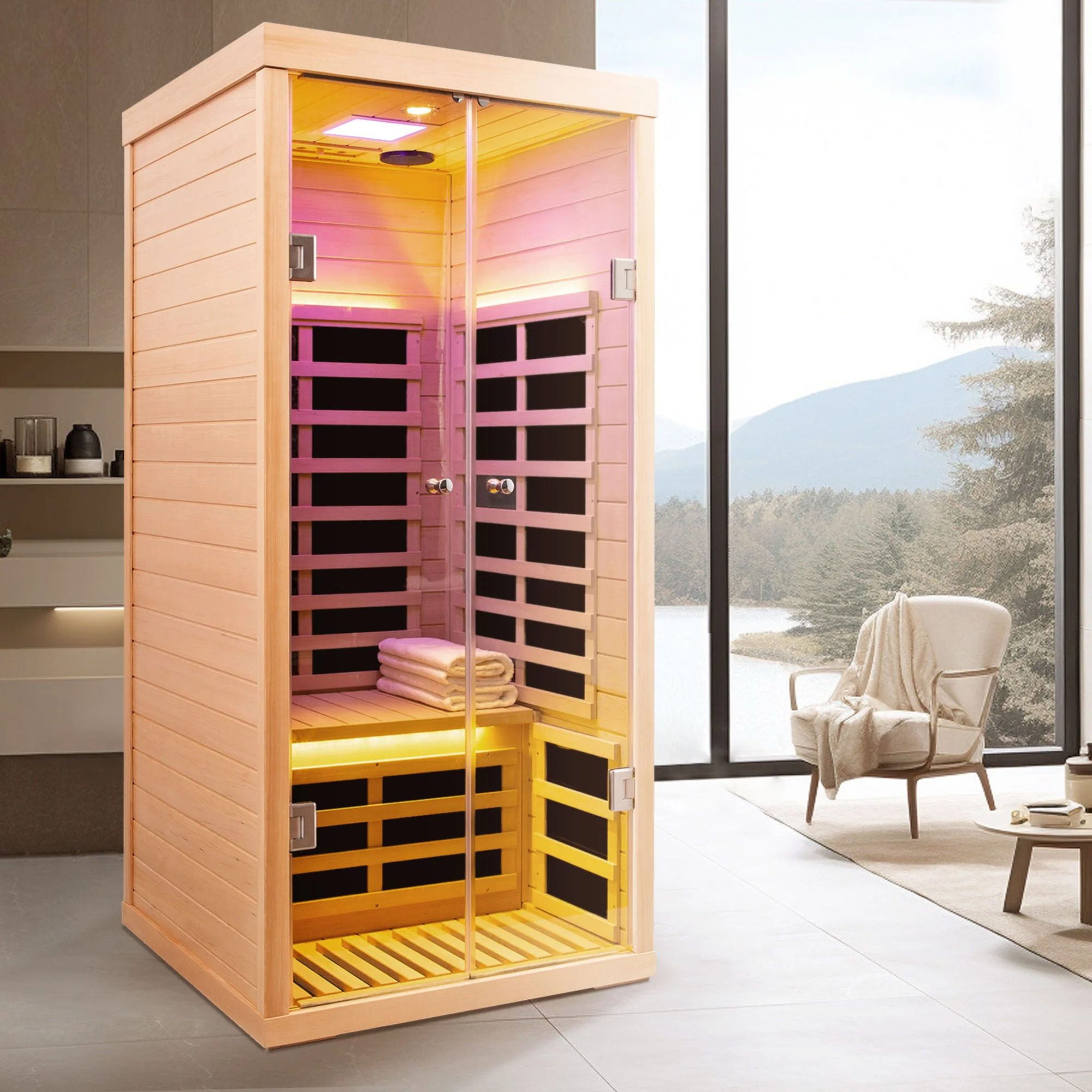 Low EMF, Wide Space Hemlock Double Doors Great Glass Luxury Indoor Far Infrared Sauna Room - Image 7