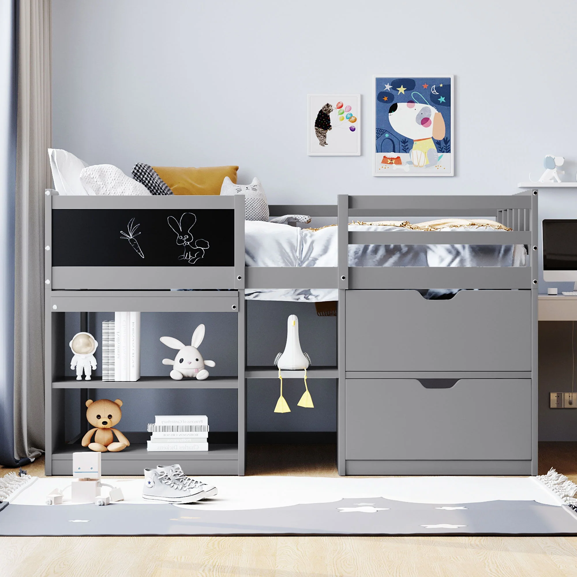 Low Loft Bed With Rolling Desk, Shelf And Drawers - Image 26