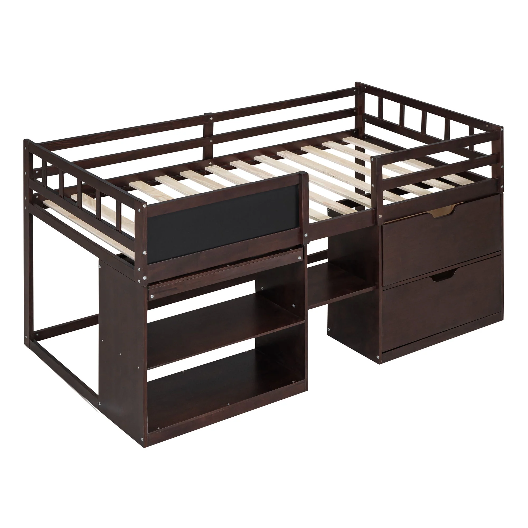 Low Loft Bed With Rolling Desk, Shelf And Drawers - Image 6