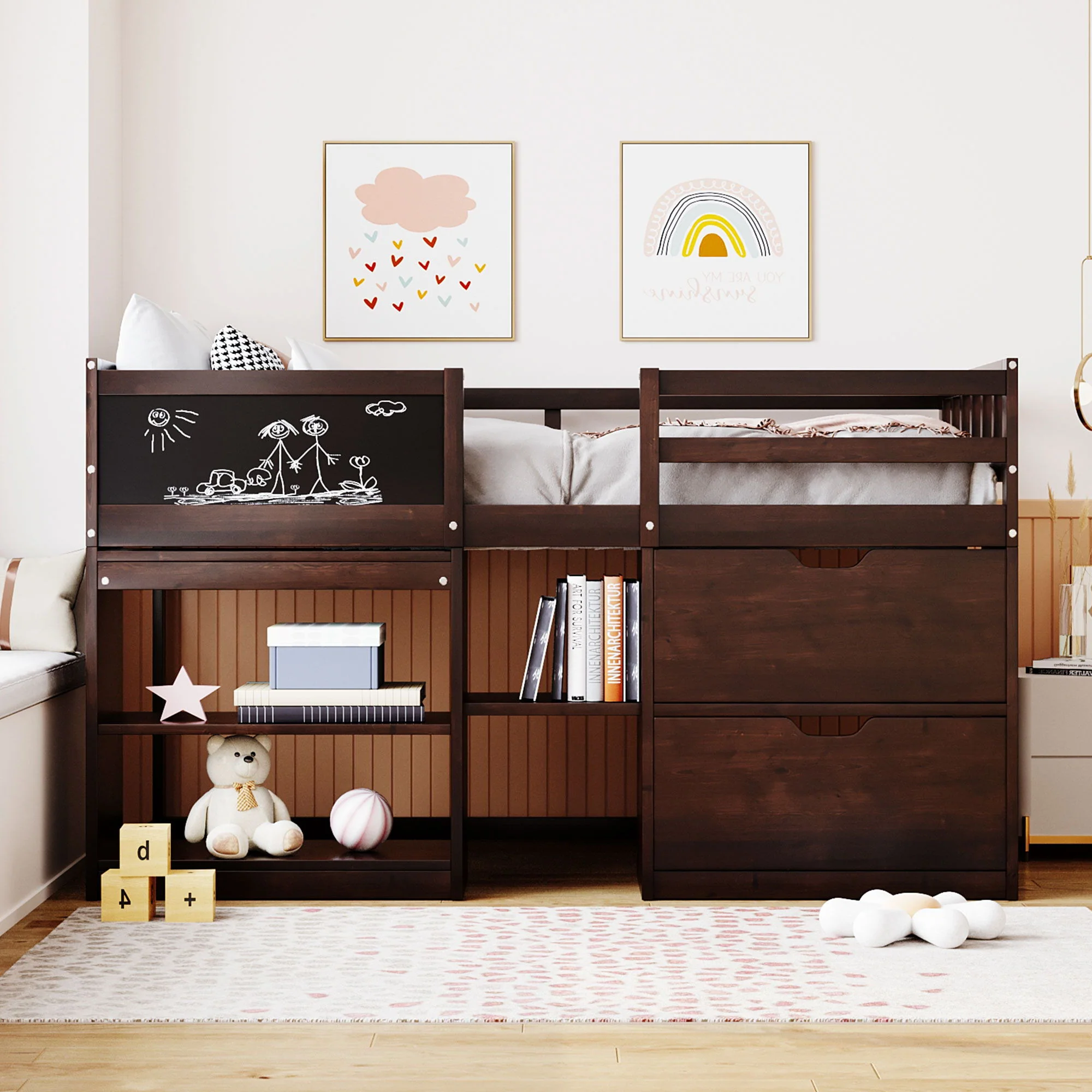 Low Loft Bed With Rolling Desk, Shelf And Drawers - Image 7