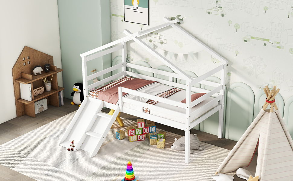 Low Loft House Bed With Slide, Ladder, Safety Guardrails, House Roof Frame - Image 16