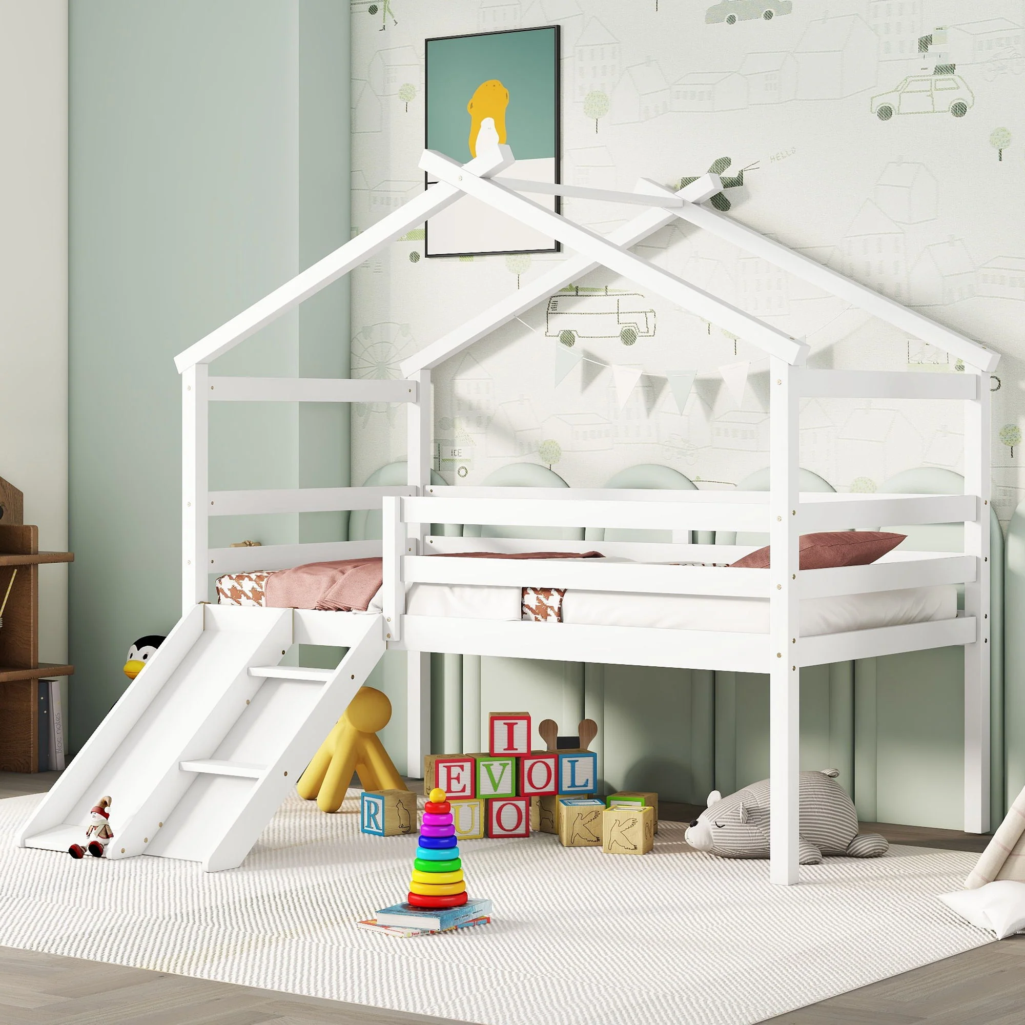 Low Loft House Bed With Slide, Ladder, Safety Guardrails, House Roof Frame - Image 2