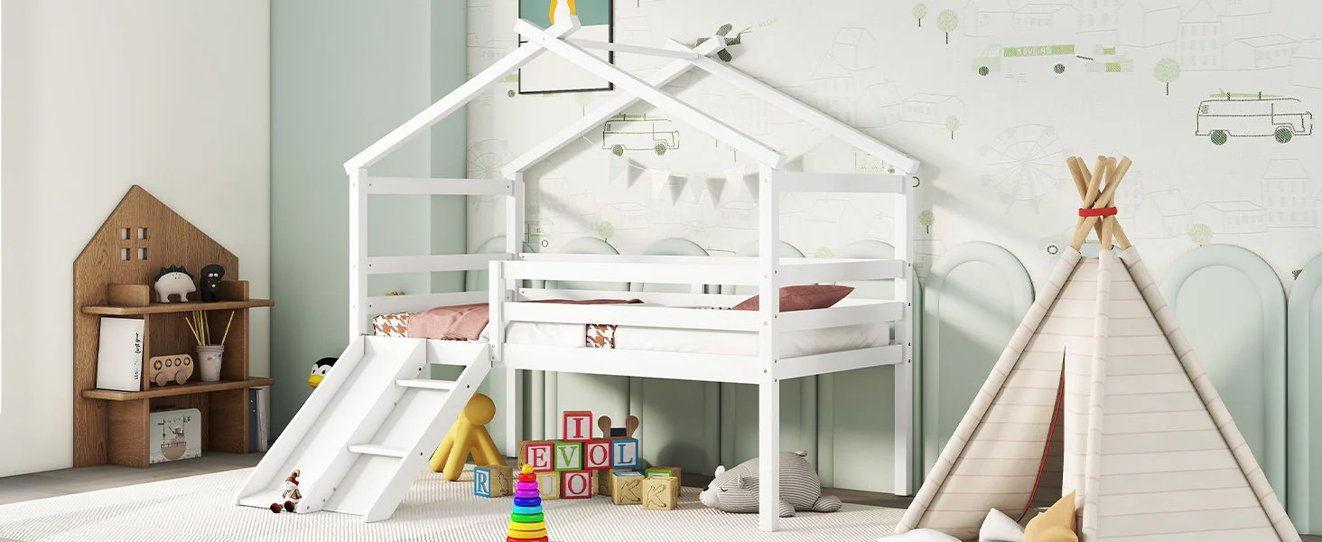 Low Loft House Bed With Slide, Ladder, Safety Guardrails, House Roof Frame - Image 4