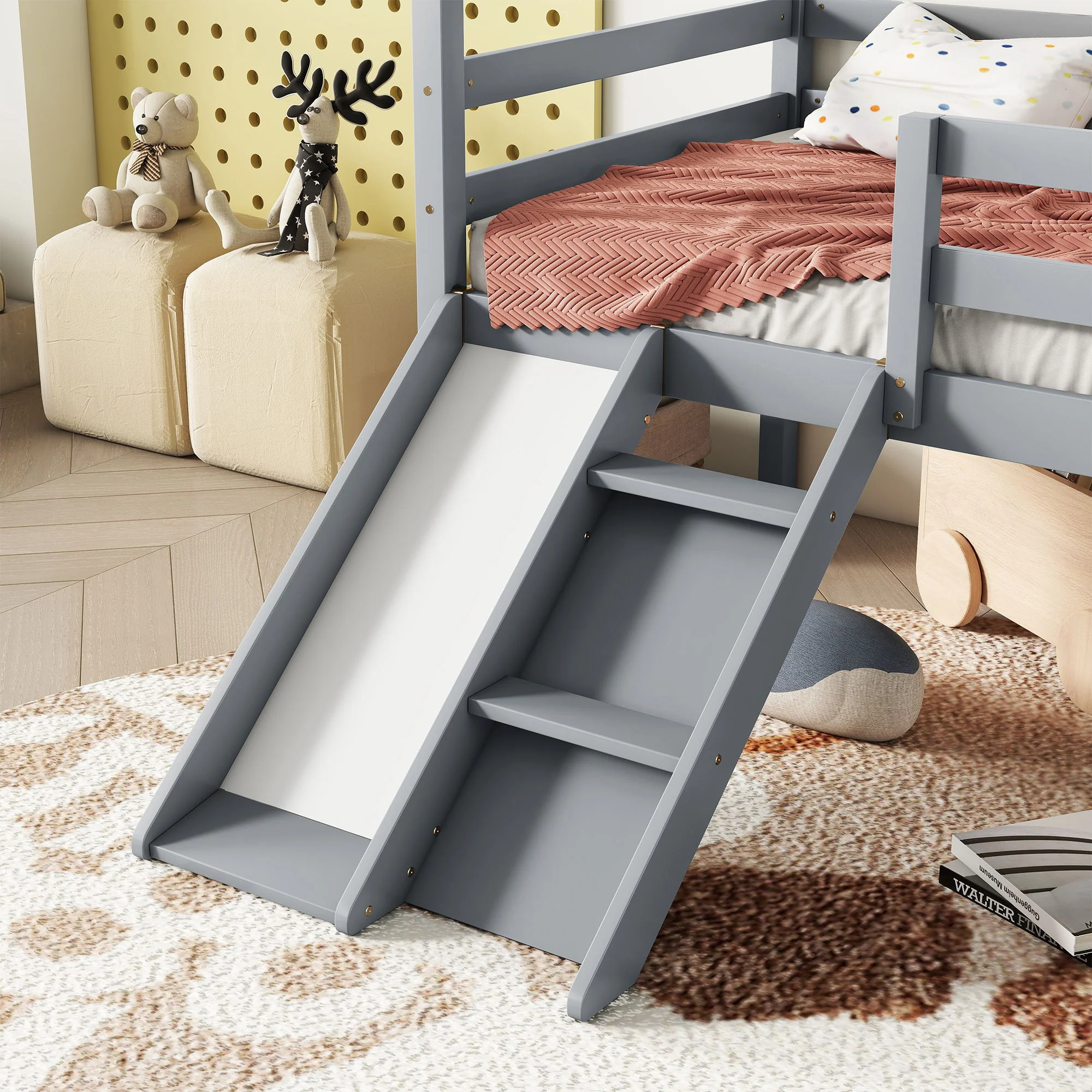 Low Loft House Bed With Slide, Ladder, Safety Guardrails, House Roof Frame - Image 7