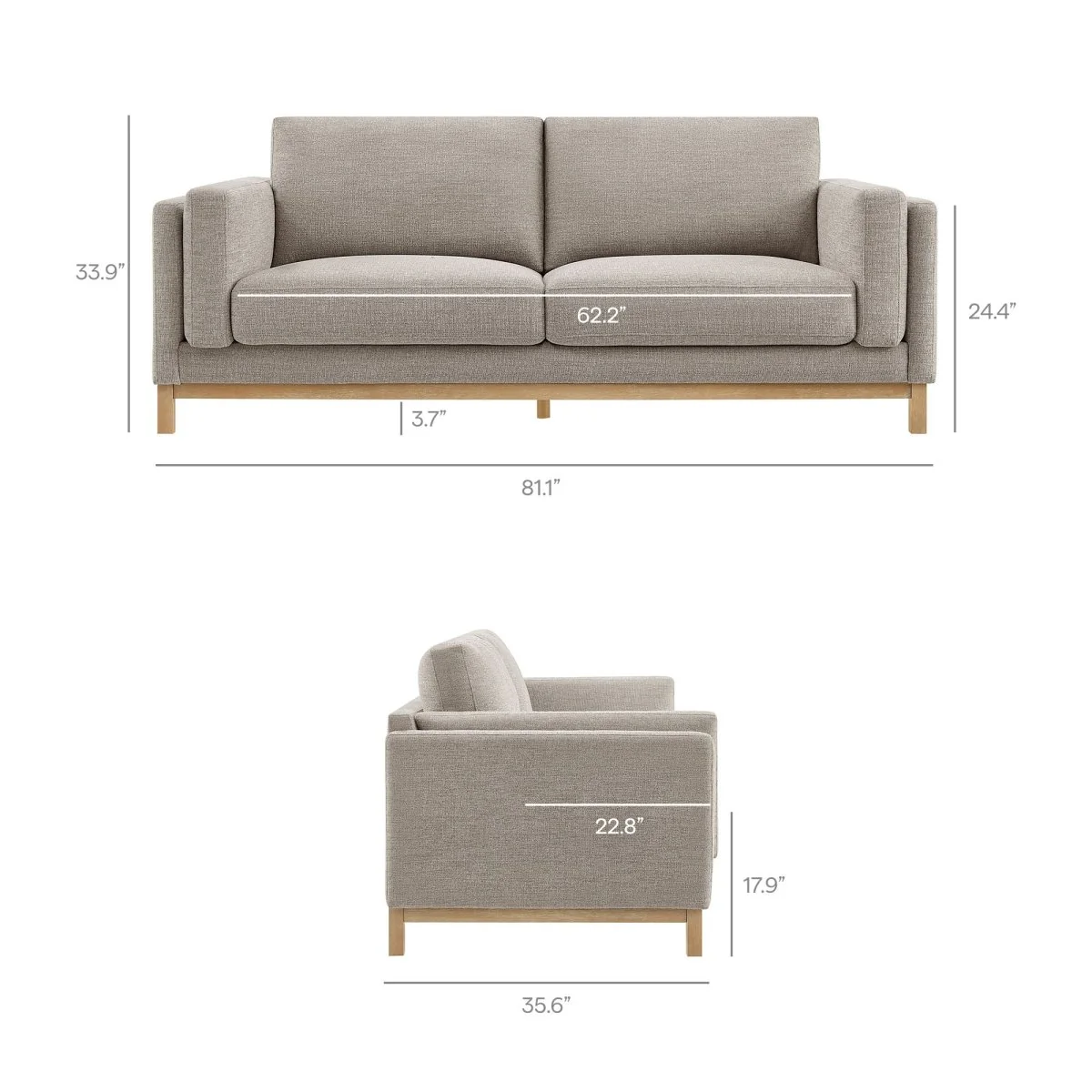 Low-Profile Chenille Fabric Sofa with Weathered Wood Frame - Image 21