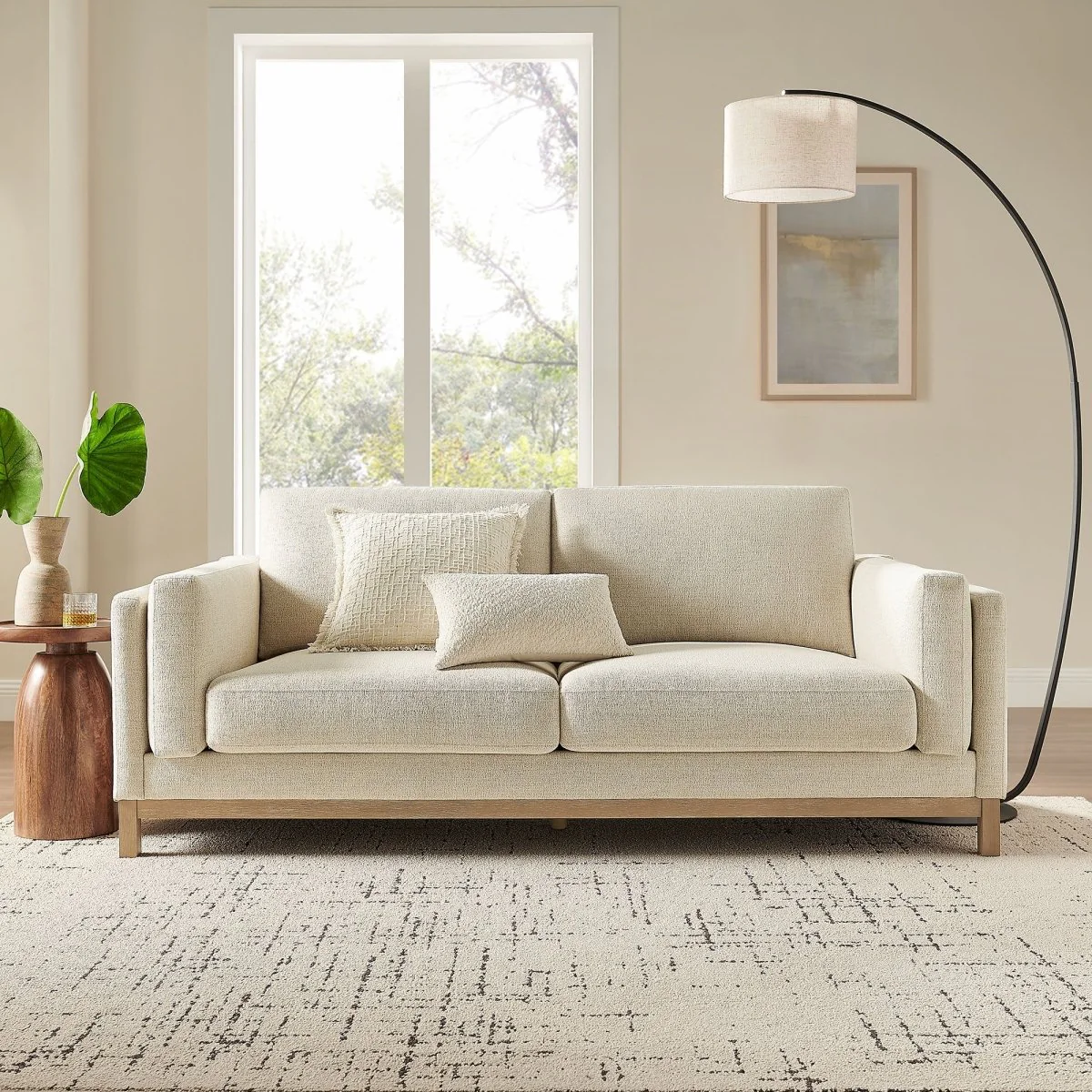 Low-Profile Chenille Fabric Sofa with Weathered Wood Frame - Image 6