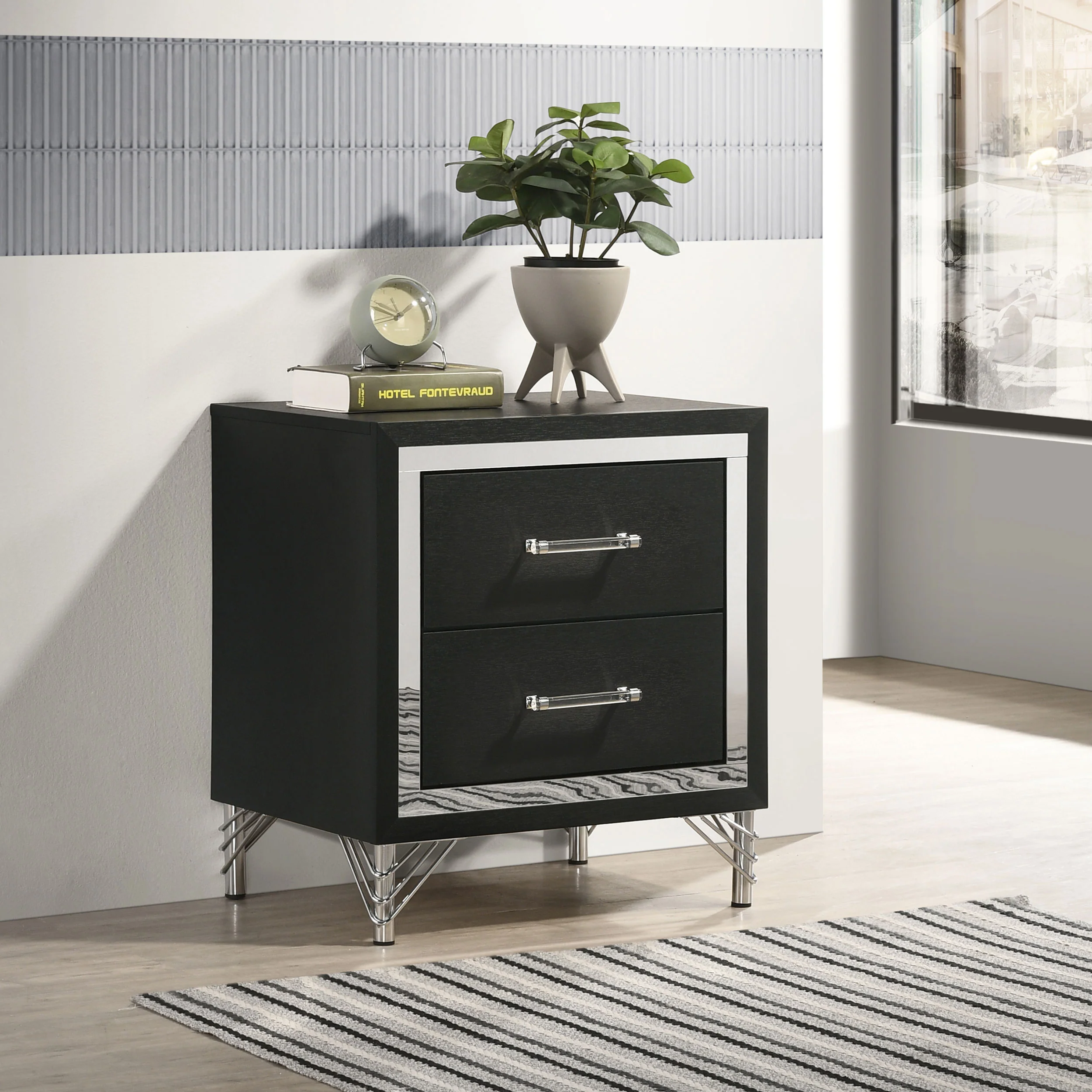 Lucia 2-Drawer Nightstand - Black with Metallic Trim - Image 5