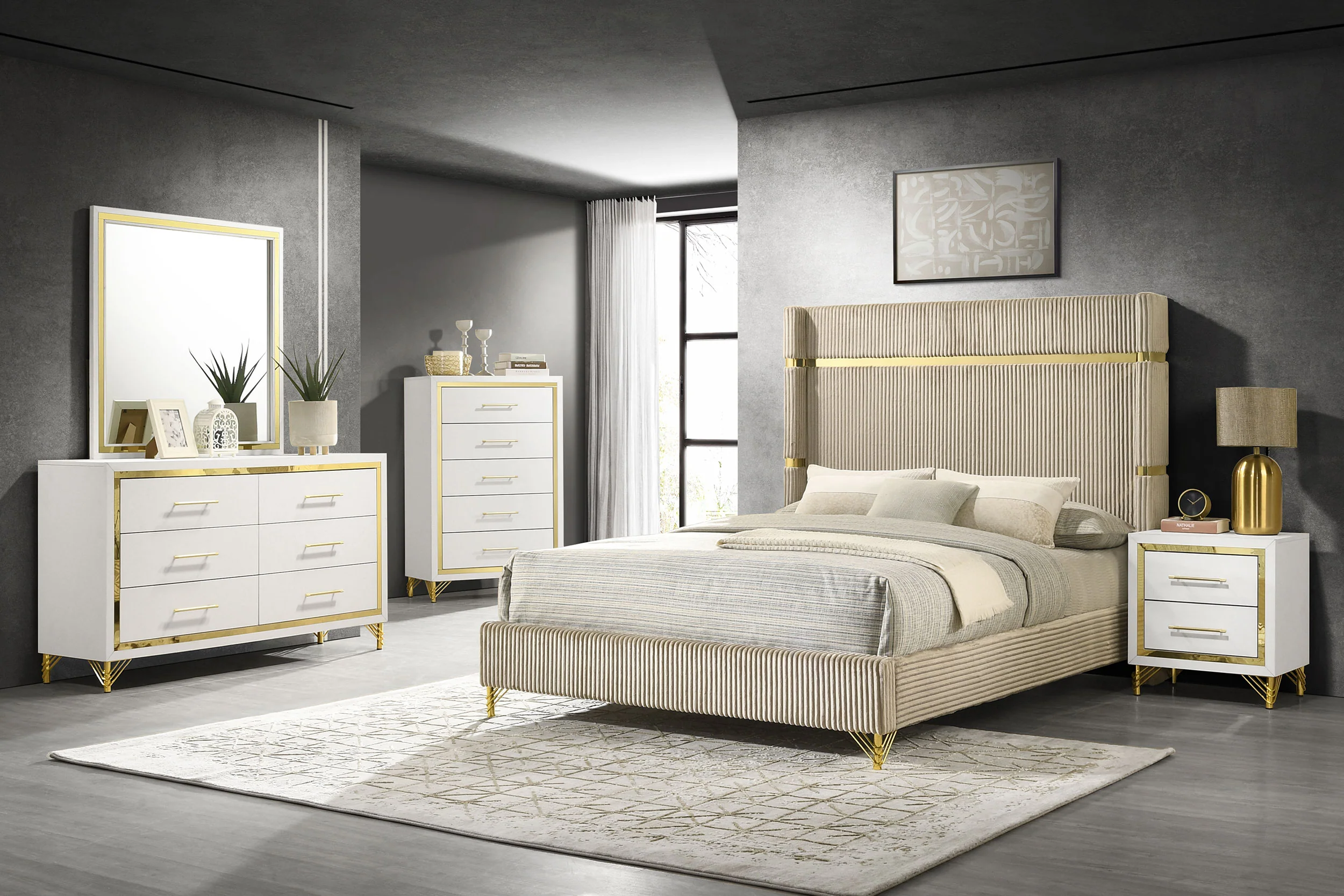 Lucia 2-Drawer Nightstand, White with Metallic Trim - Image 12