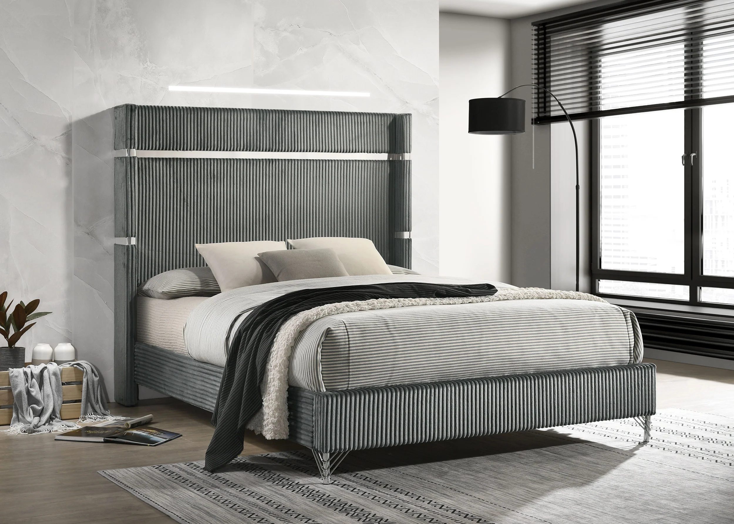 Lucia 61-Inch Upholstered Eastern King Wingback Bed, Grey - Image 4
