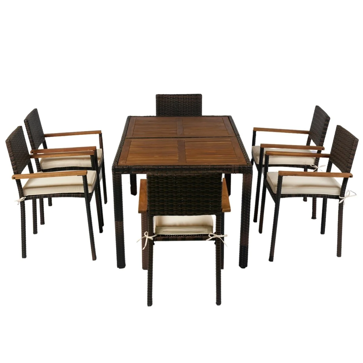 Lunado 7 Piece Outdoor Wicker Dining Set Acacia Table Cream Cushions - Image 4