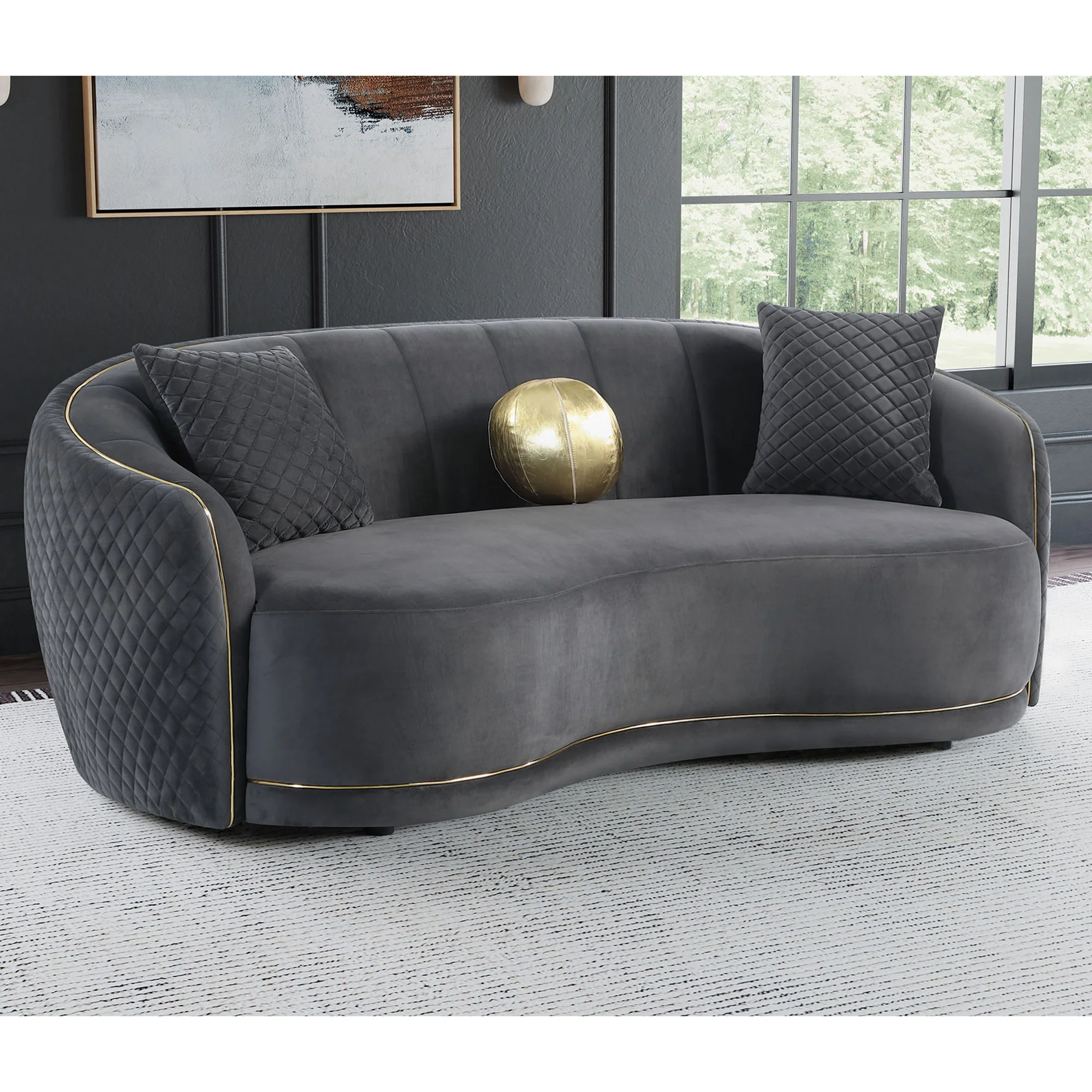 Luxe Upholstered Curved Sofa With Trim And Diamond Quilting - Dark Gray - Image 4