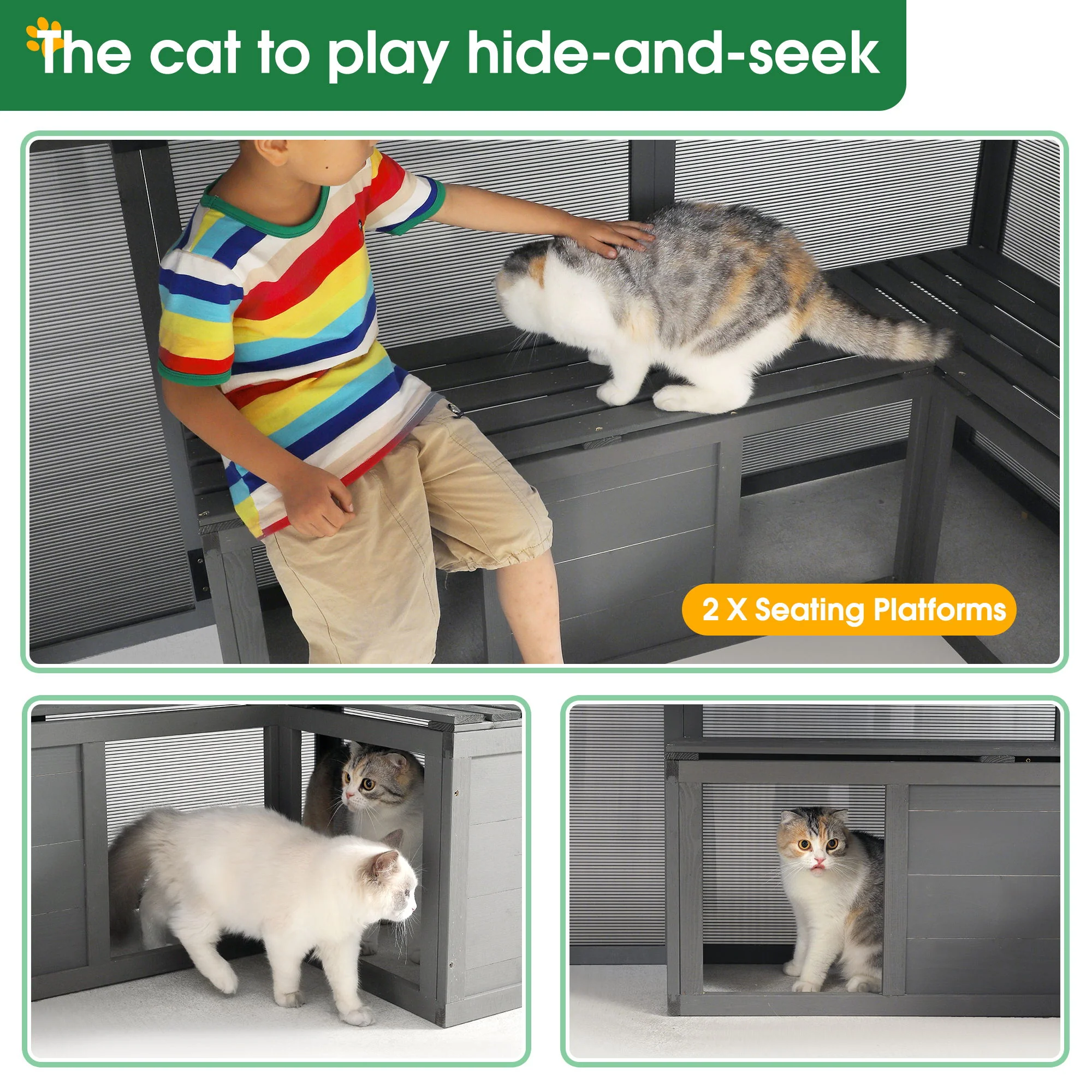 Luxury Cat Cage Outdoor Wooden Catio Enclosure Patio Large Cat Run House For Multiple Pets Walk In Kitten Kennel With Bouncy Bridge, Platforms, Small Houses, Seating And Sunshine Panel - Gray - Image 3