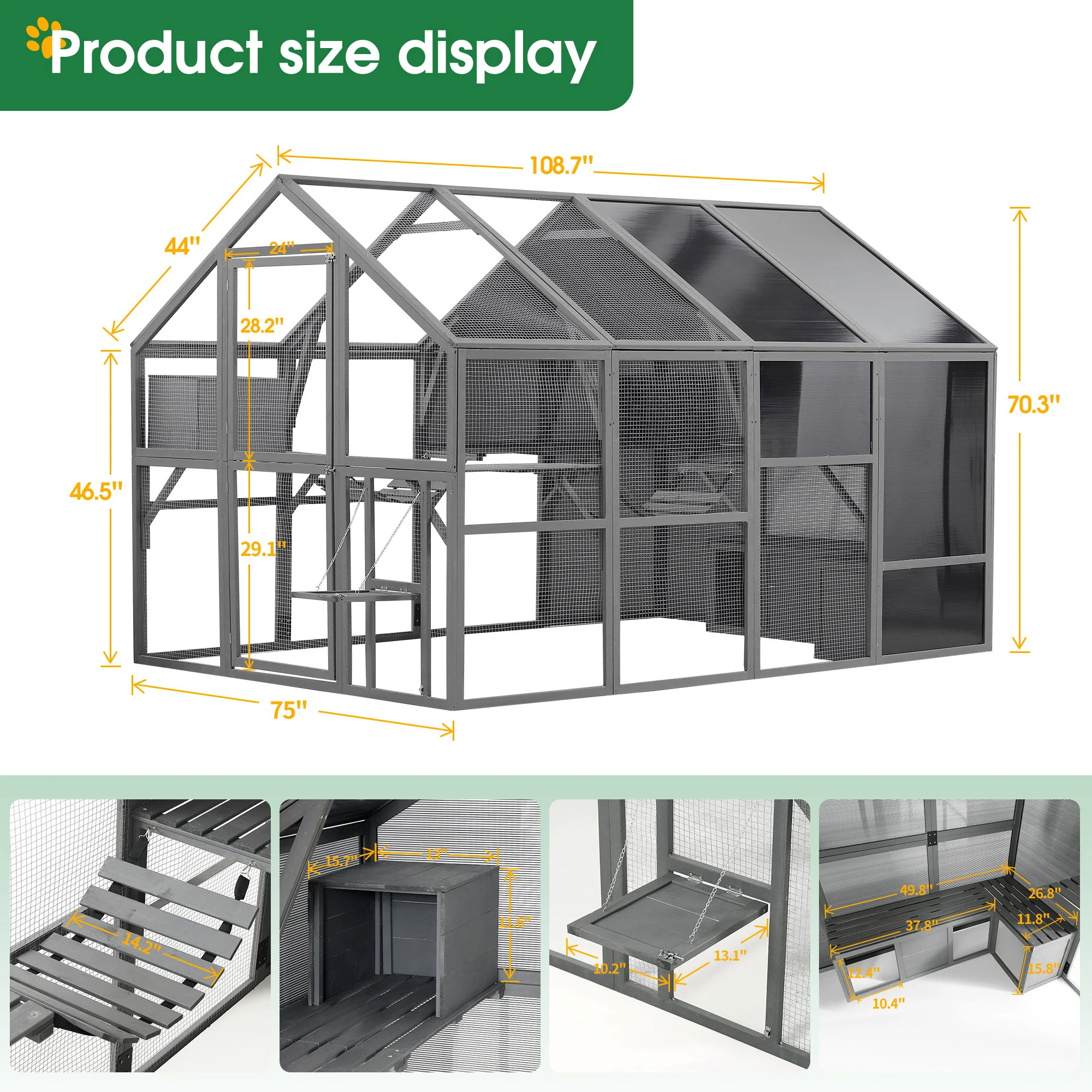 Luxury Cat Cage Outdoor Wooden Catio Enclosure Patio Large Cat Run House For Multiple Pets Walk In Kitten Kennel With Bouncy Bridge, Platforms, Small Houses, Seating And Sunshine Panel - Gray - Image 6
