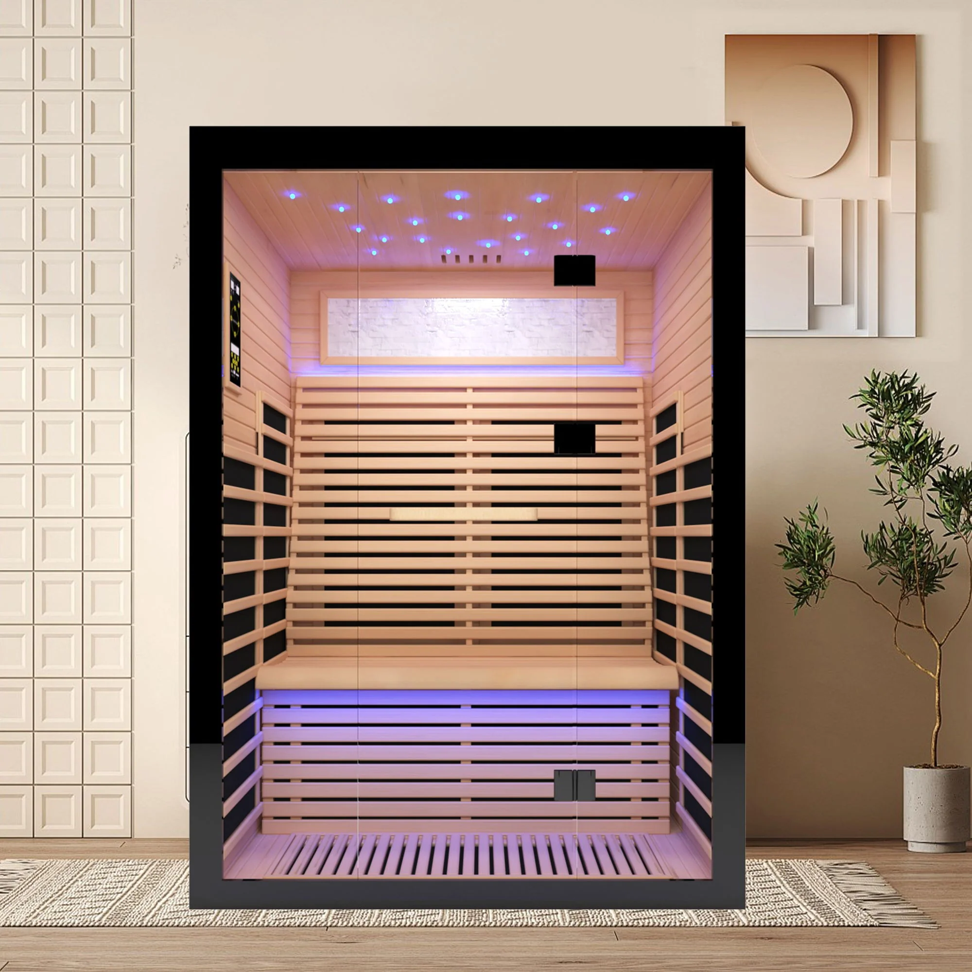 Luxury Double Far Infrared Sauna Room With Epoxy Heating Plates And Starry Sky Lighting - Black / Natural - Image 2