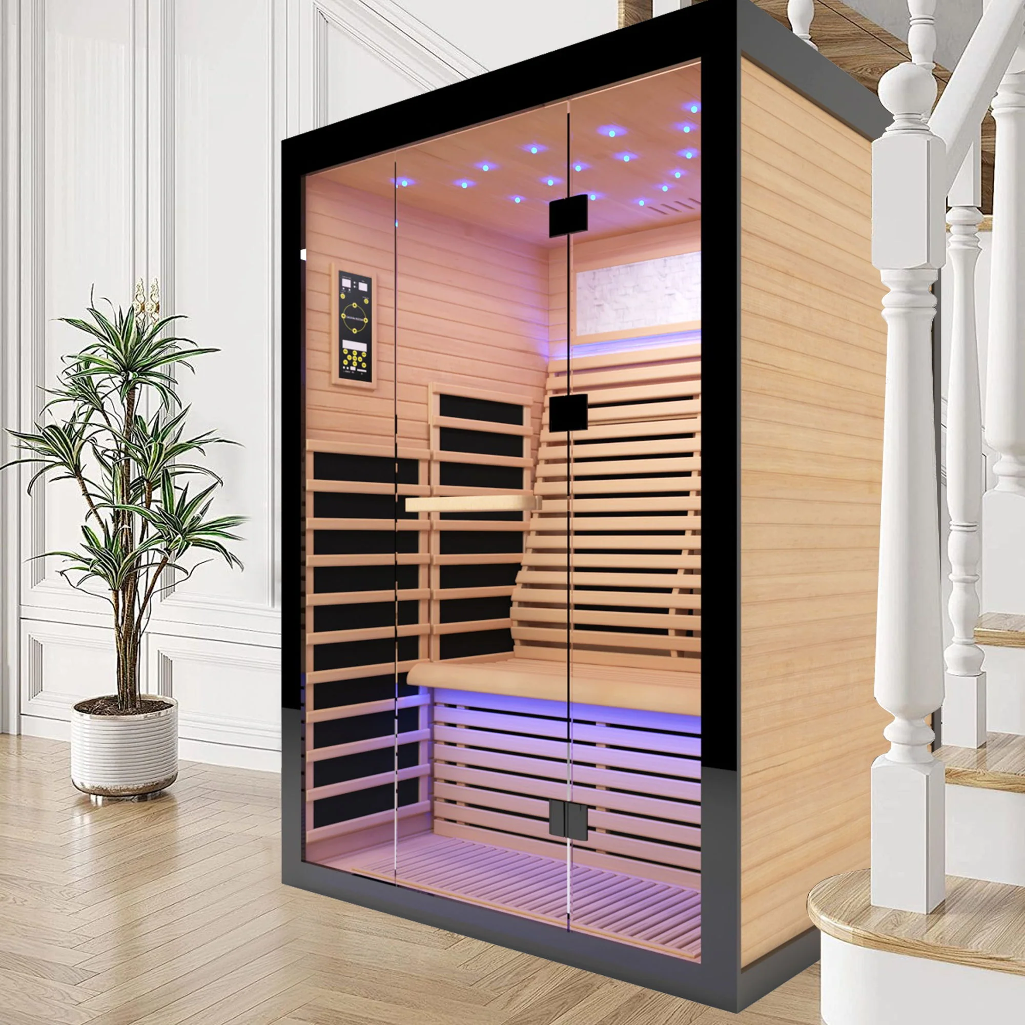 Luxury Double Far Infrared Sauna Room With Epoxy Heating Plates And Starry Sky Lighting - Black / Natural - Image 8