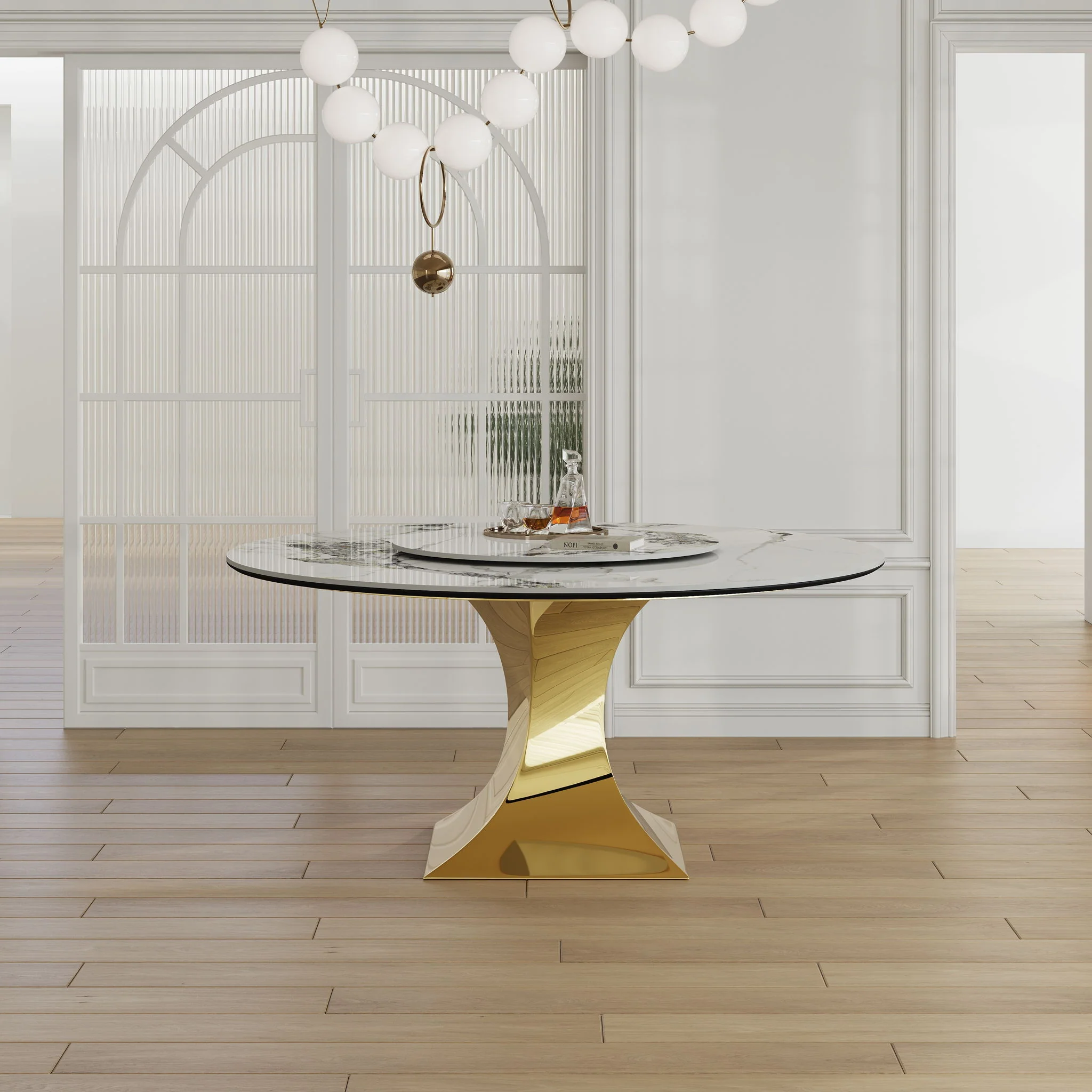 Luxury Round 59" Sintered Stone Dining Table With Stainless Steel Hourglass Base, Scratch & Heat Resistant Surface - Golden / White - Image 6