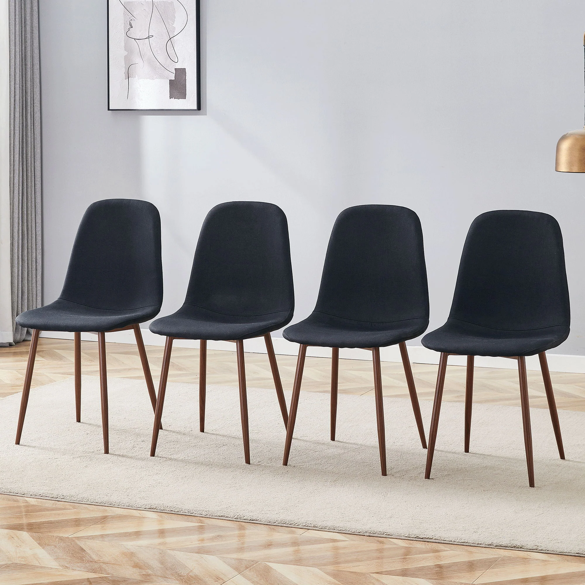 Luxury Simple Chair (Set of 4) Linen Cotton High Resilience Dining Chair With Metal Color Leg - Black / Walnut - Image 3