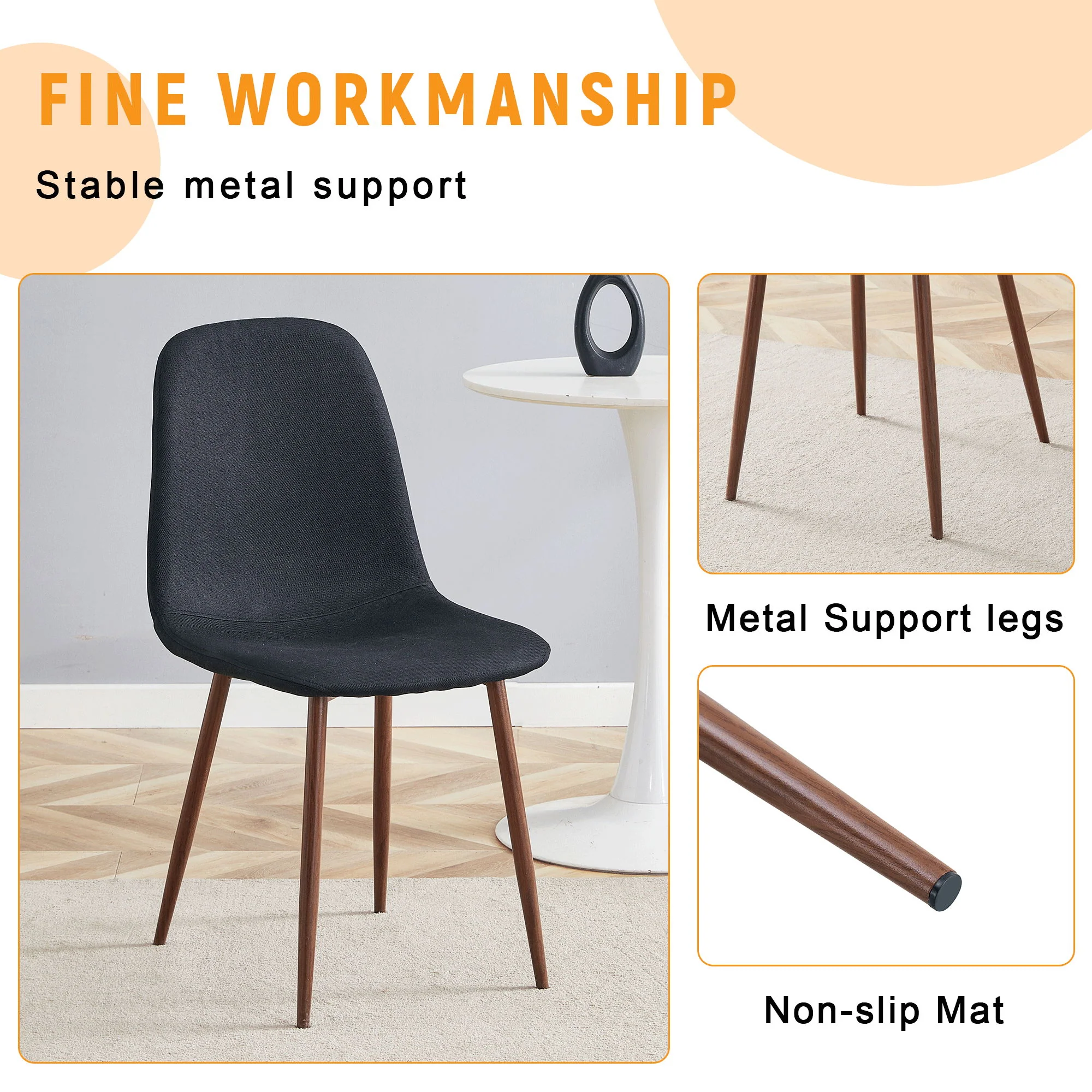 Luxury Simple Chair (Set of 4) Linen Cotton High Resilience Dining Chair With Metal Color Leg - Black / Walnut - Image 7
