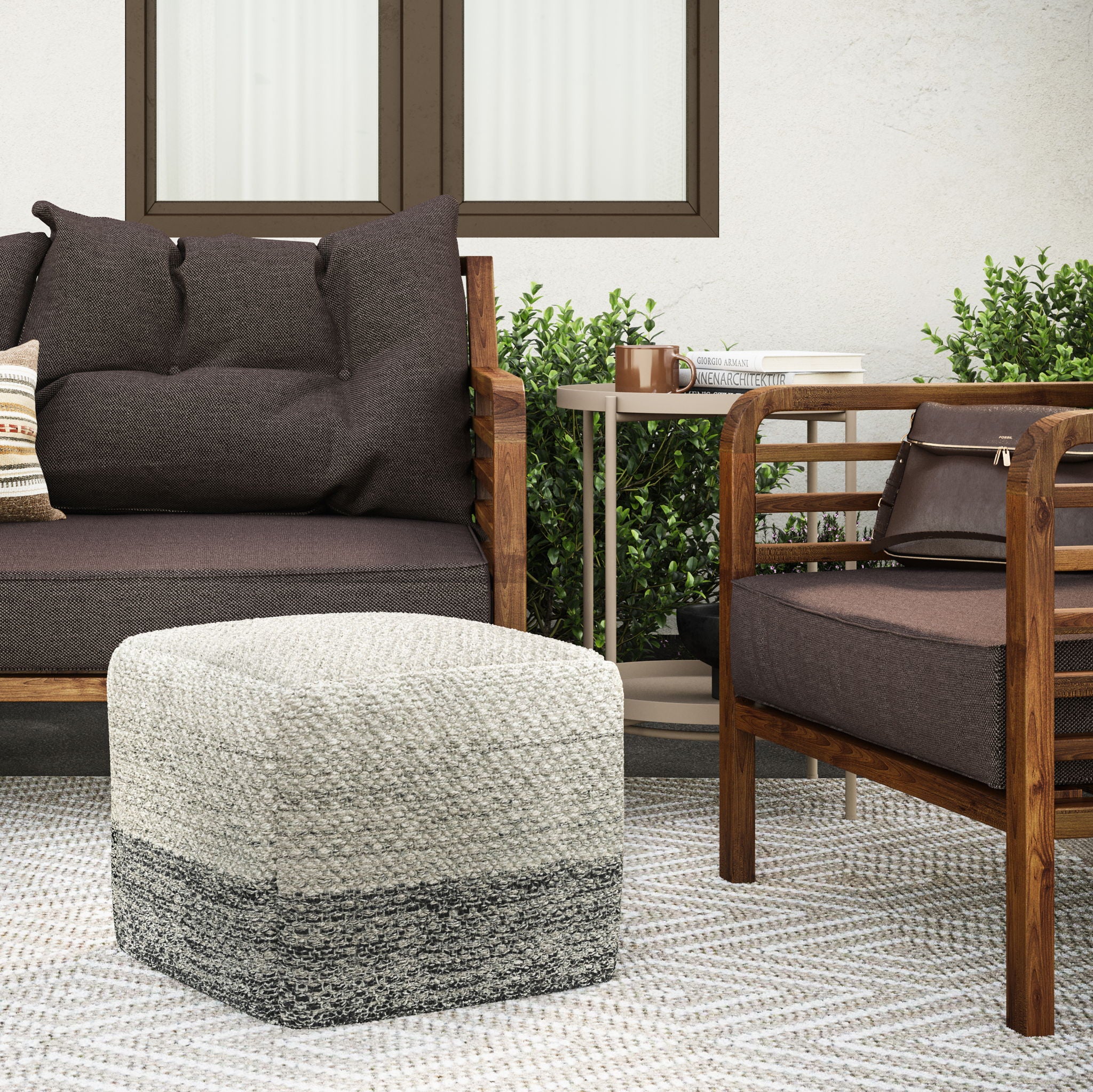 Macie - Square Woven Outdoor / Indoor Pouf - Gray / White - Image 3