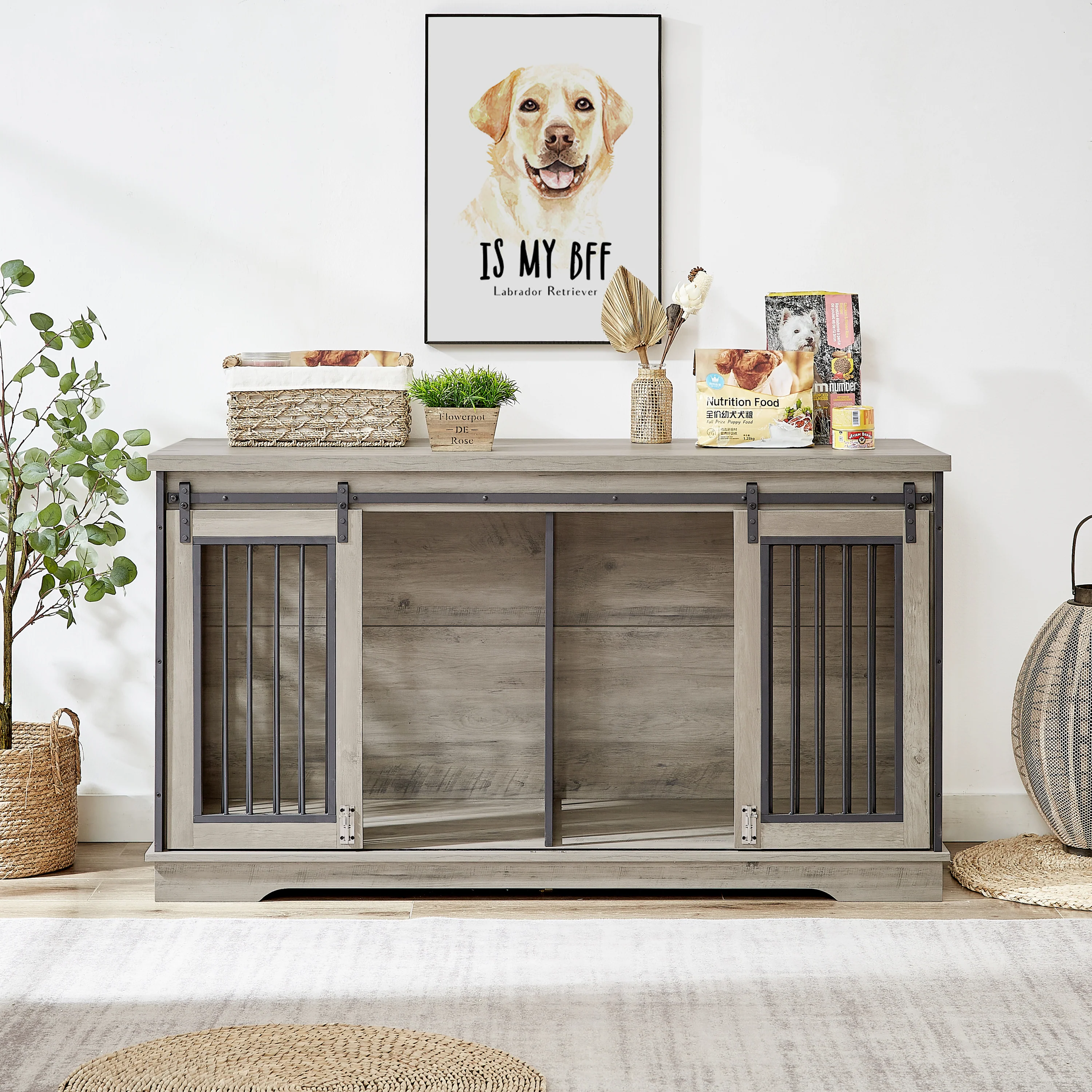 Magnus 61-Inch Dual Dog Crate TV Stand with Sliding Doors and Storage Drawers - Image 2