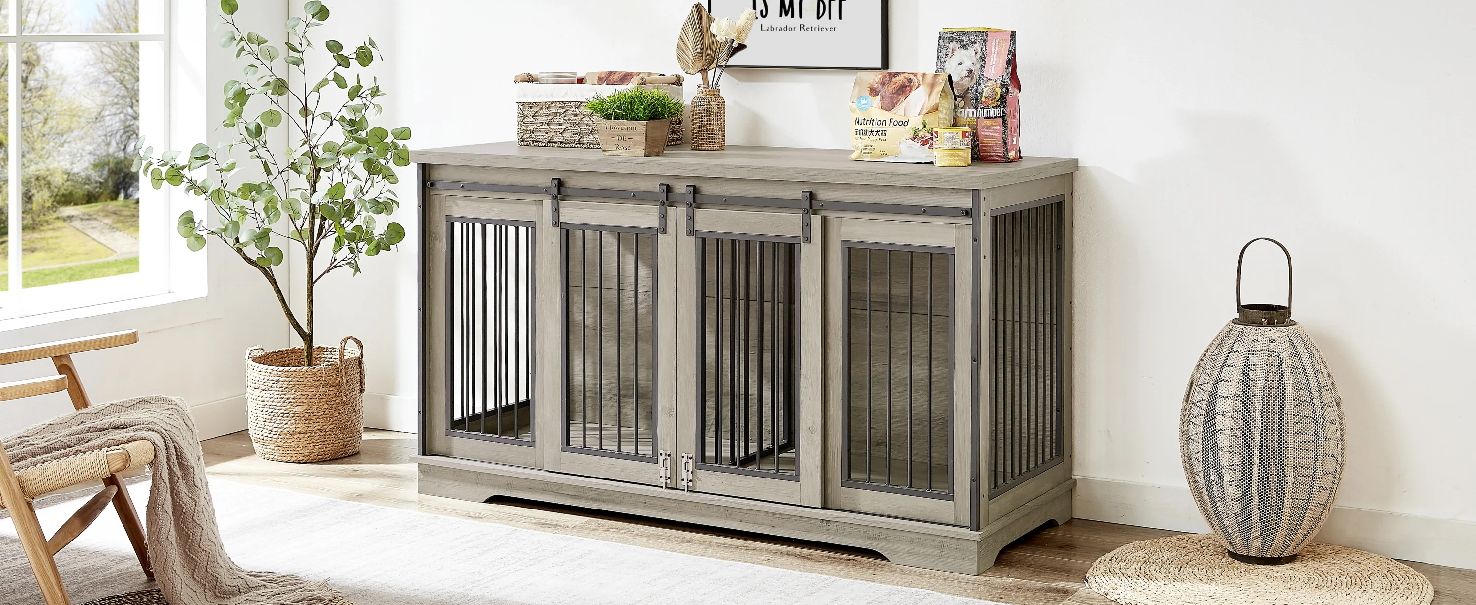 Magnus 61-Inch Dual Dog Crate TV Stand with Sliding Doors and Storage Drawers - Image 4