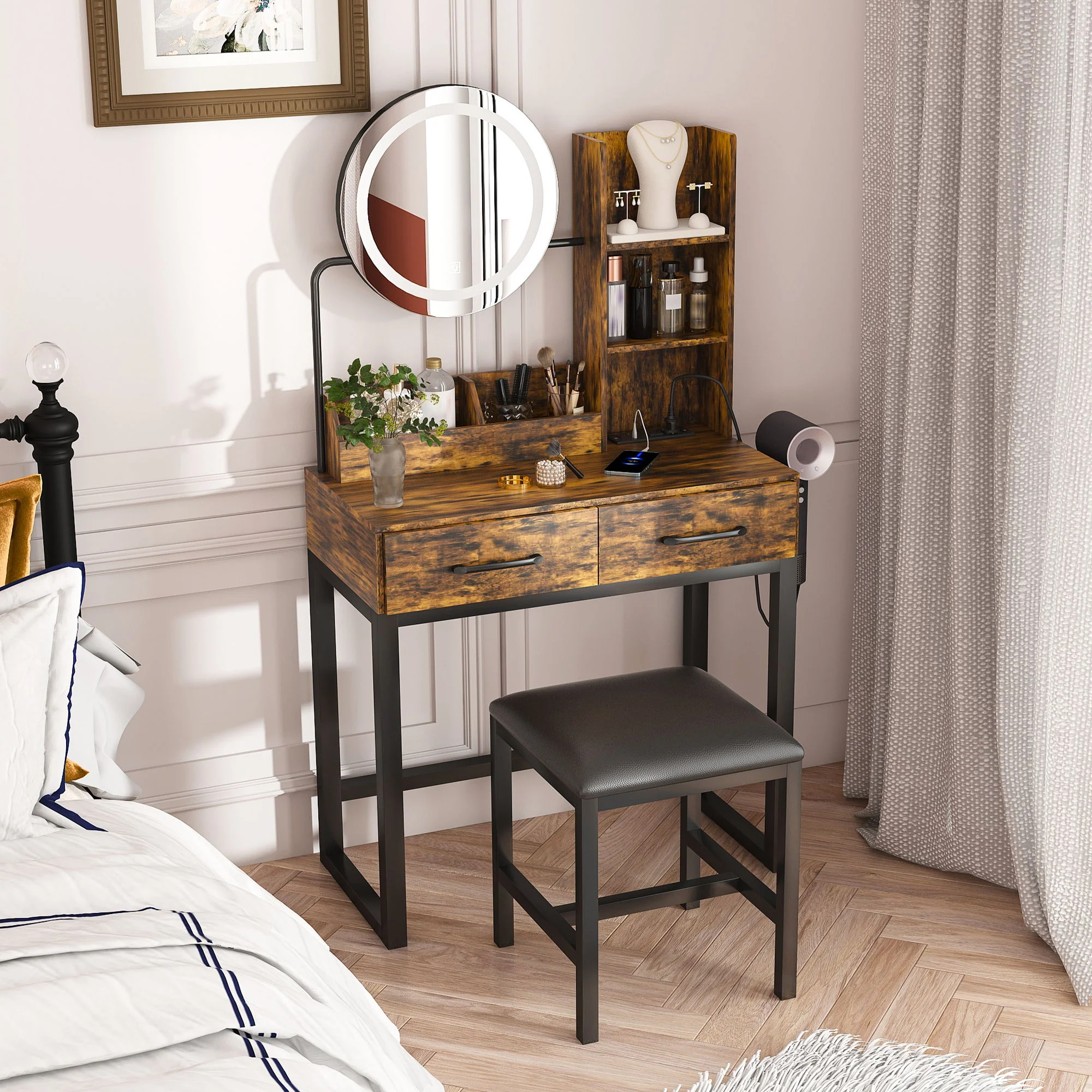 Makeup Vanity Table With LED Lights, 3 Color Options, Power Outlet - Image 8