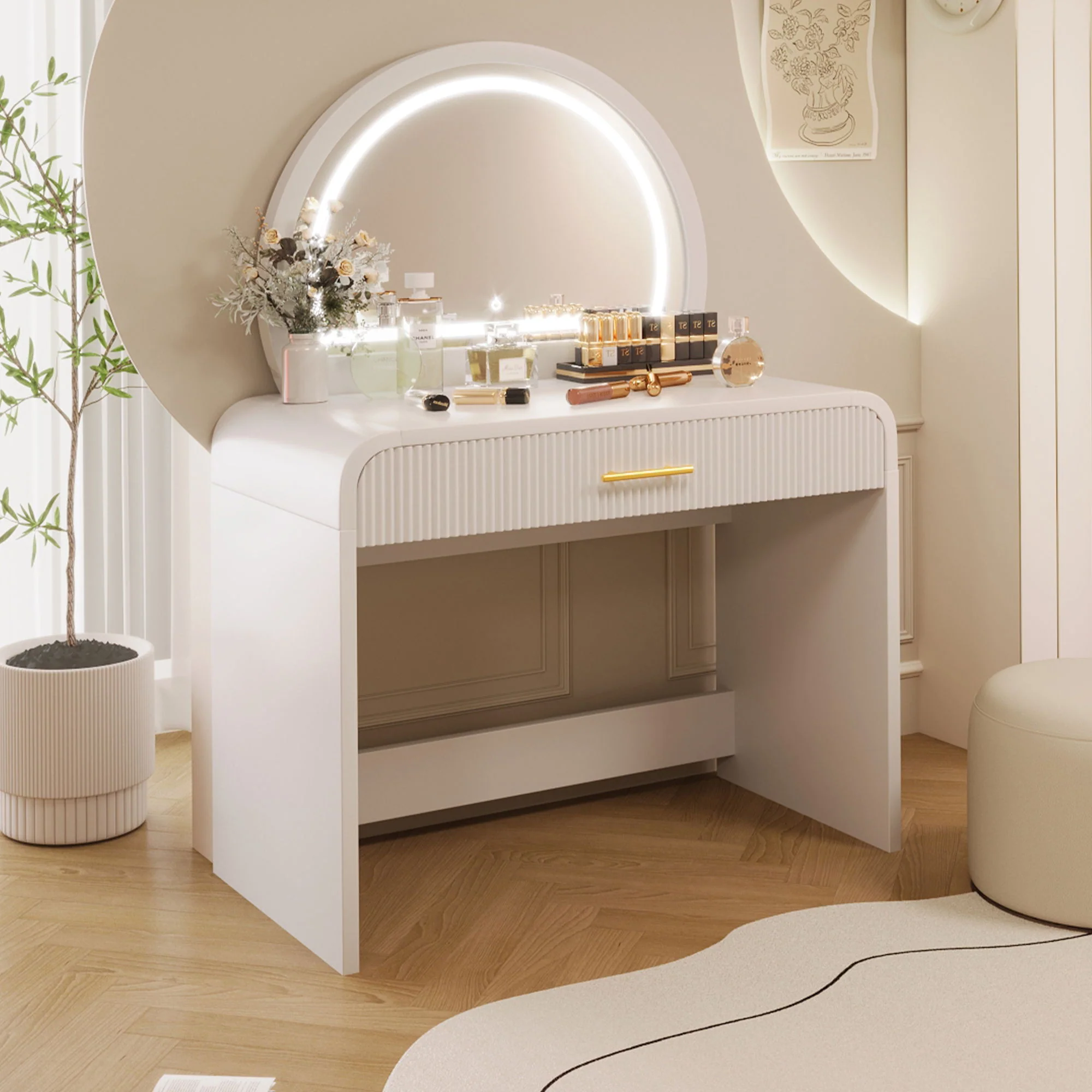 Makeup Vanity Table With Mirror Touch Screen Lighted Mirror, Dressing Table With Drawer For Bedroom - White - Image 7