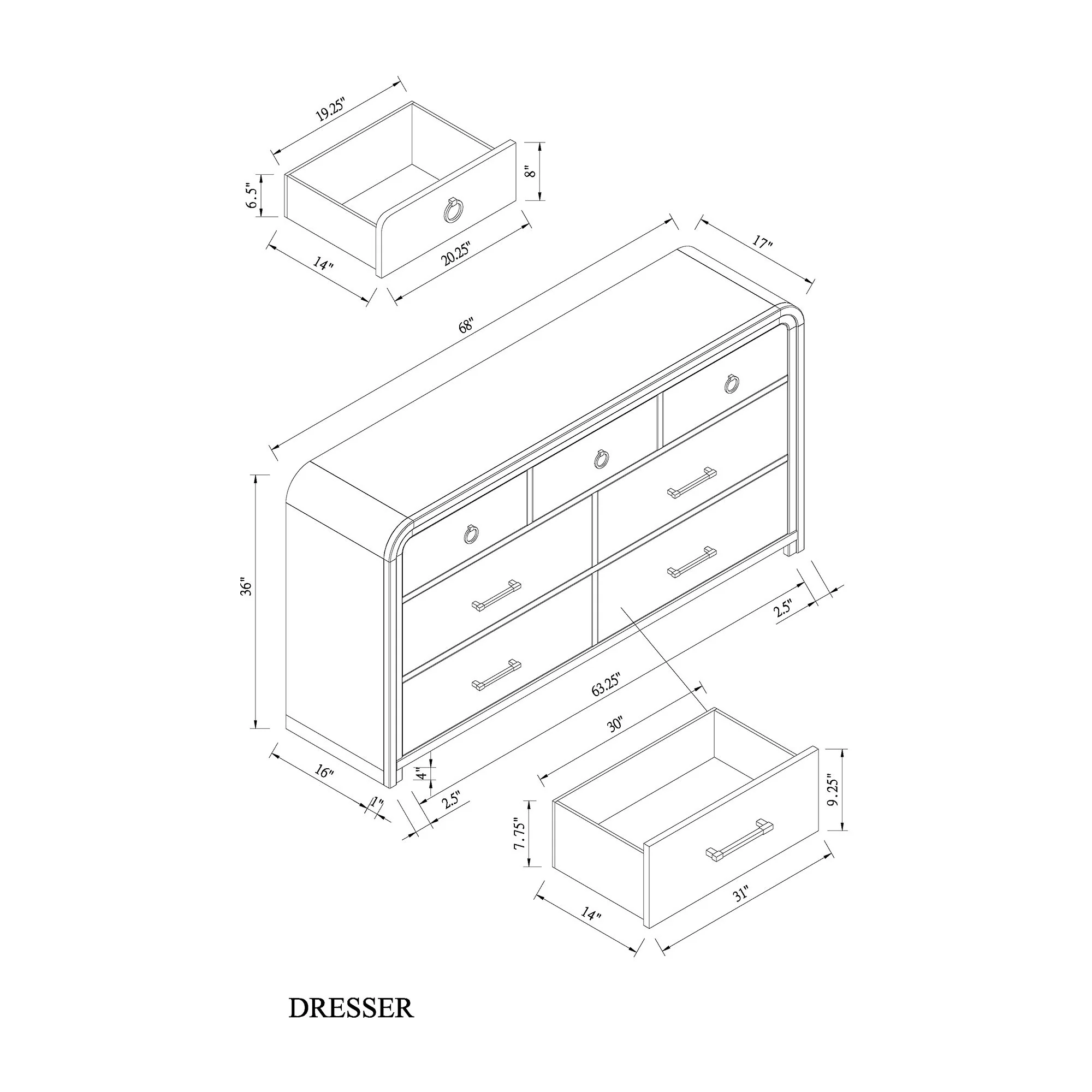 Malco - Dresser With Gold Detailing - Oak - Image 3