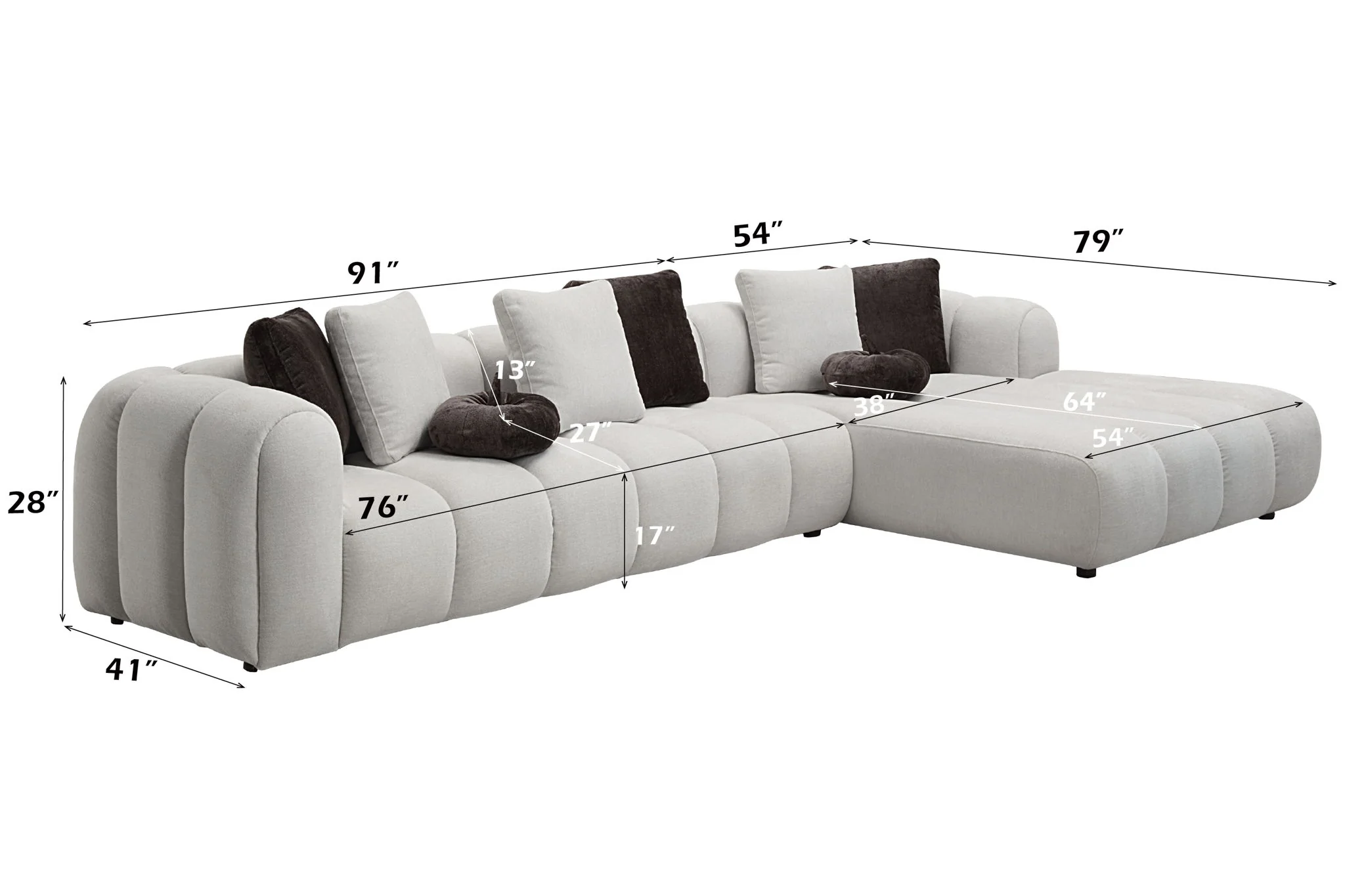 Manilla - Sectional Sofa With 8 Pillows - Ivory White - Image 5