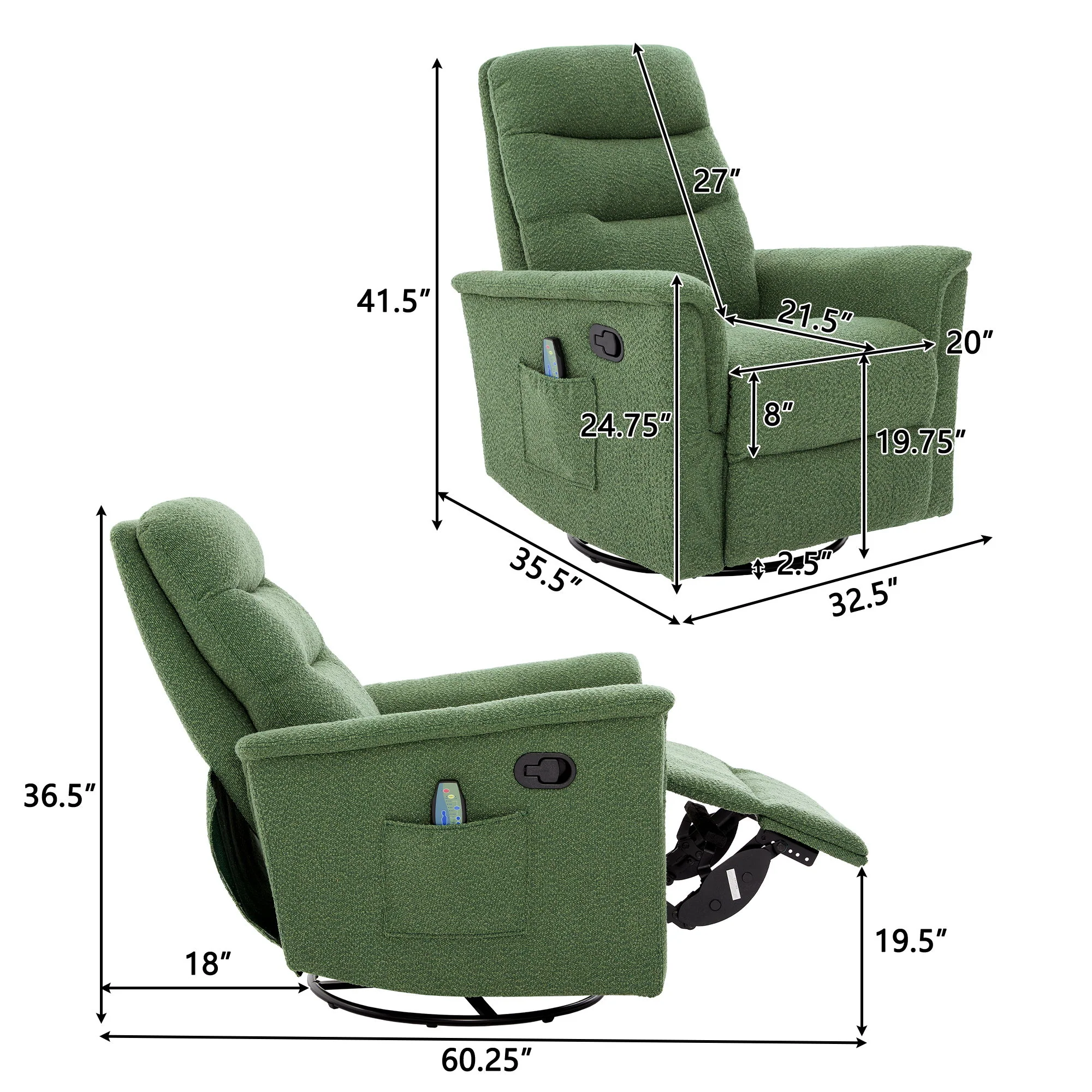 Manual Recliner Chair With 8 Point Massage And Swivel Function - Image 16