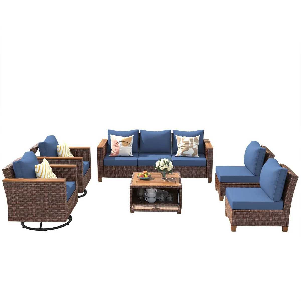 Marbelle 8-Piece Wicker Patio Set with Swivel Rockers and Storage Table - Image 3