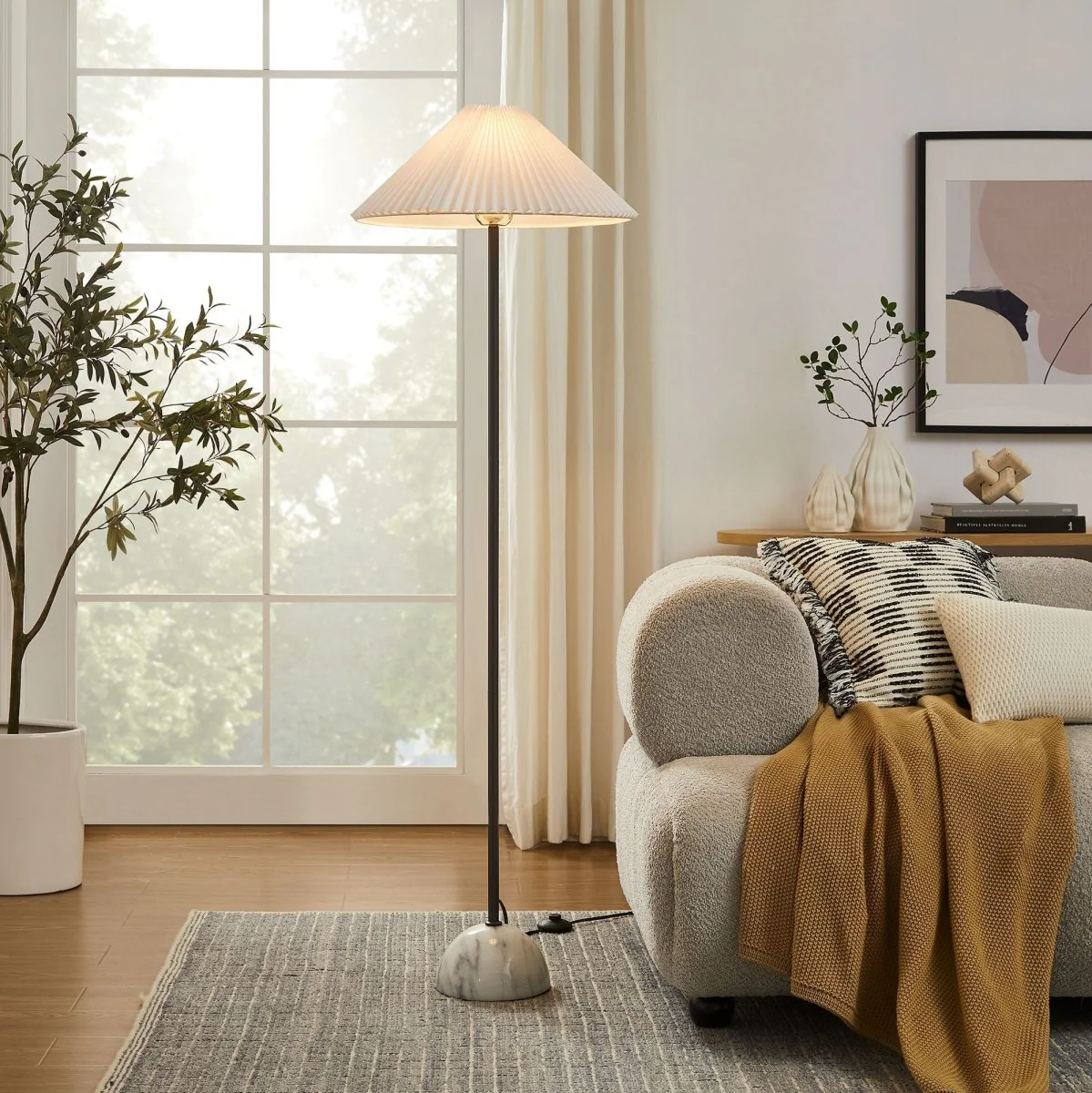 Marble Dome Floor Lamp with Pleated Fabric Shade, Sleek Contemporary Accent Lighting - Image 12