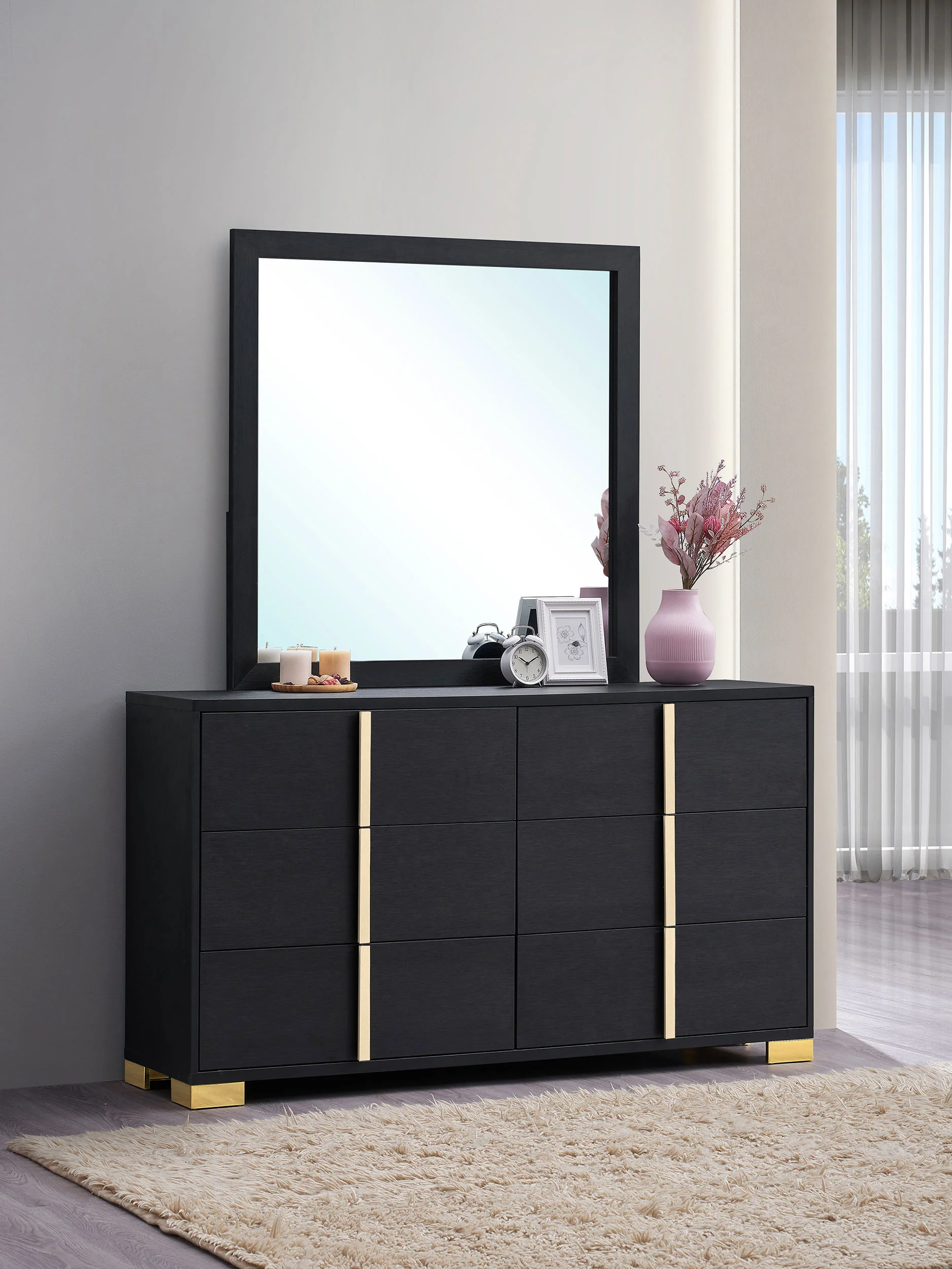 Marceline 6-Drawer Dresser with Mirror in Black - Image 5