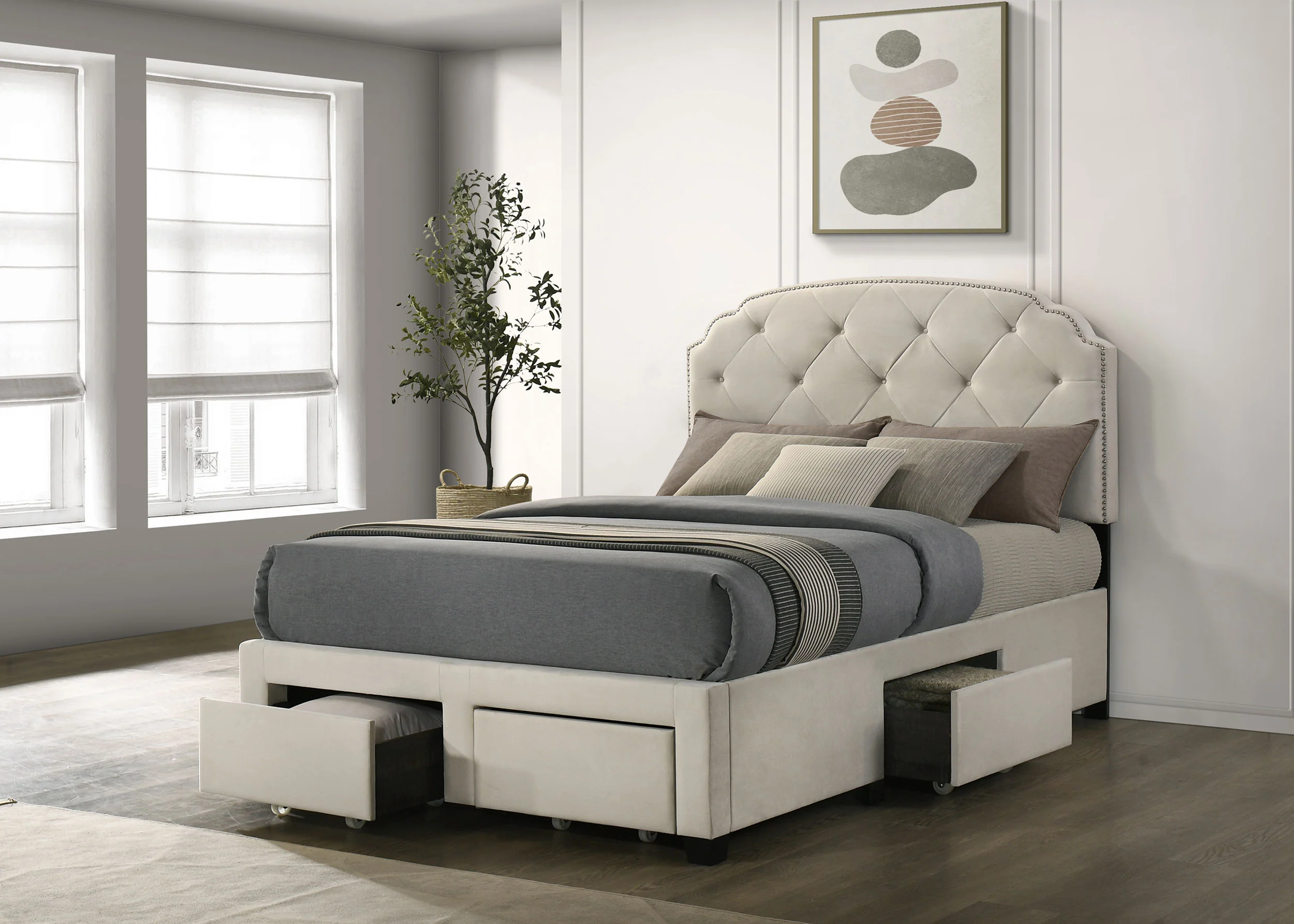 Marianna 4-Drawer Upholstered Full Storage Bed, Cream - Image 3