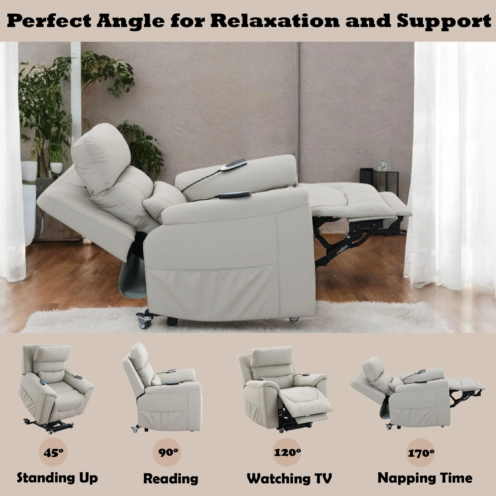 Marsha - Silicone Synthetic Leather Power Motion Recliner With Lift Heating Massage Chair - Light Gray - Image 4