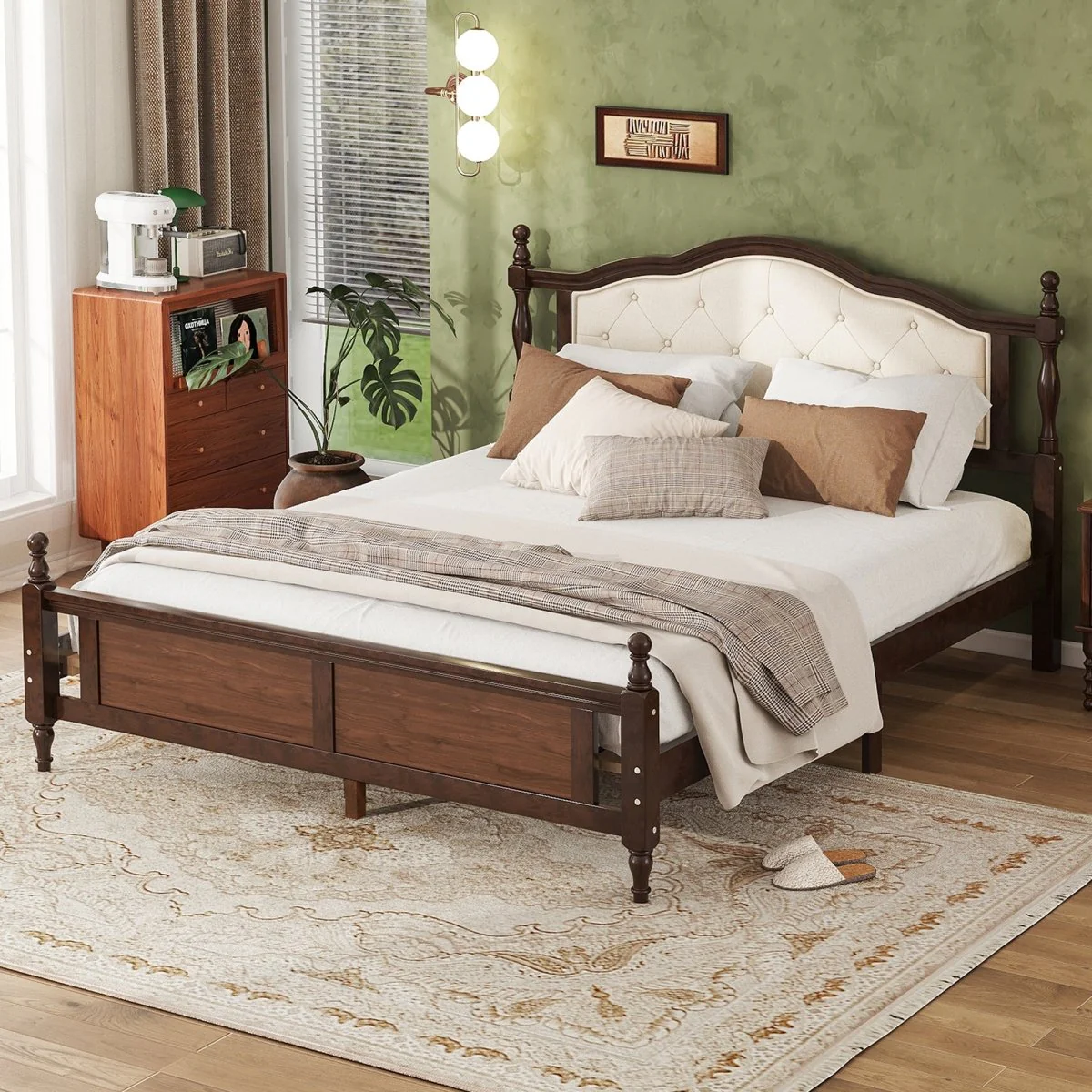 Marston Queen Bed in Walnut Pine with Upholstered Headboard - Image 3